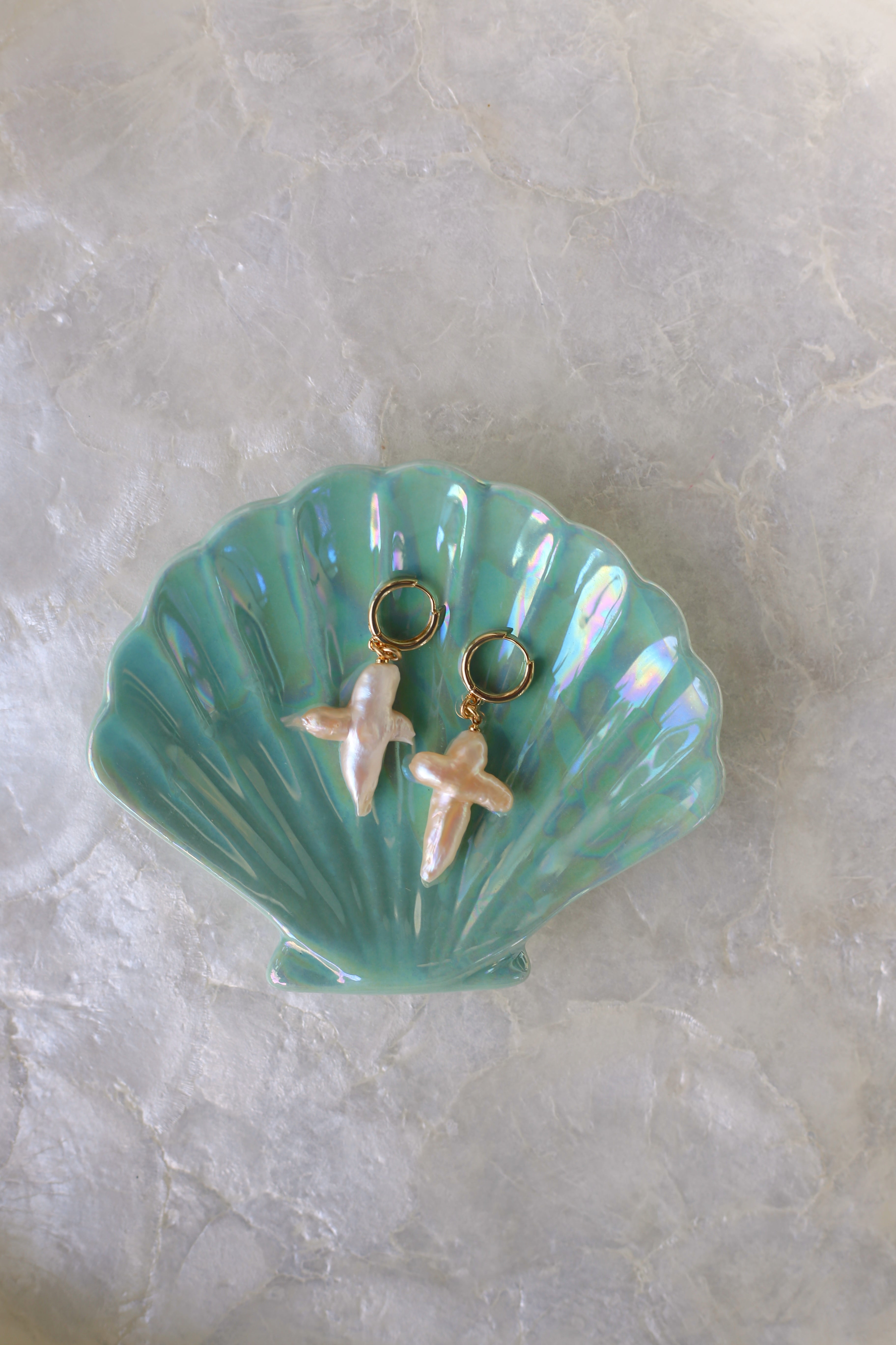 Pearl Cross Huggie Earrings