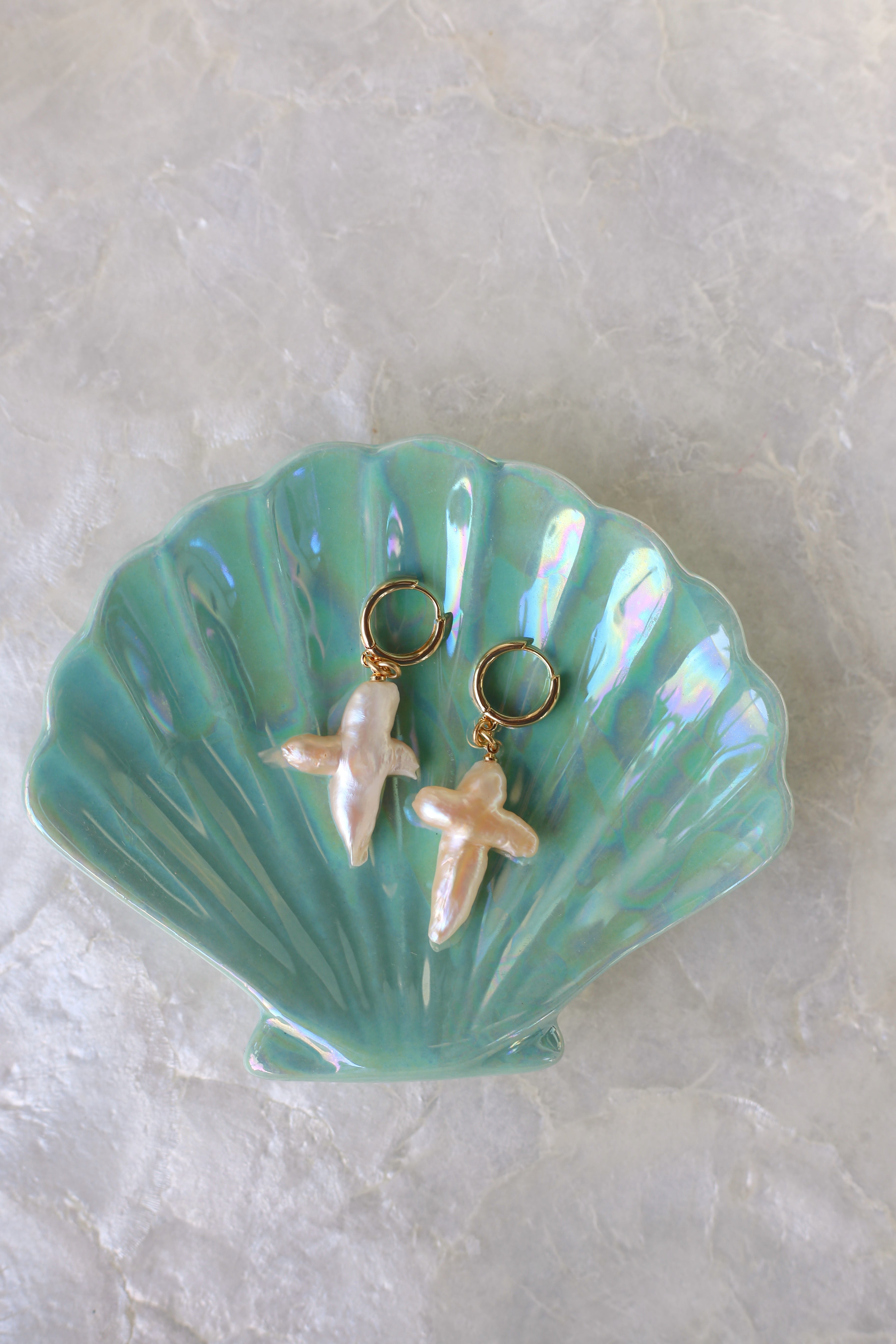 Pearl Cross Huggie Earrings