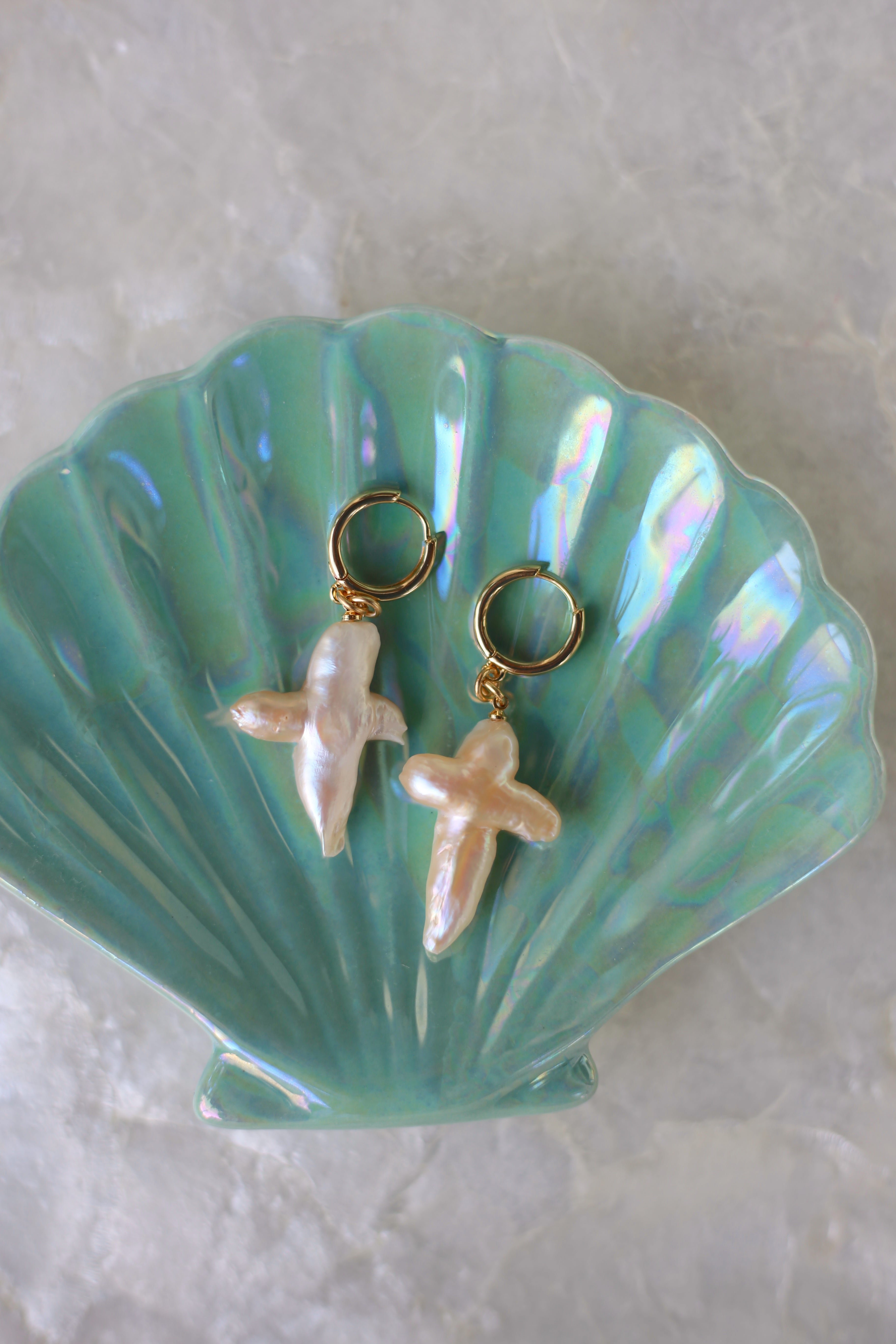 Pearl Cross Huggie Earrings