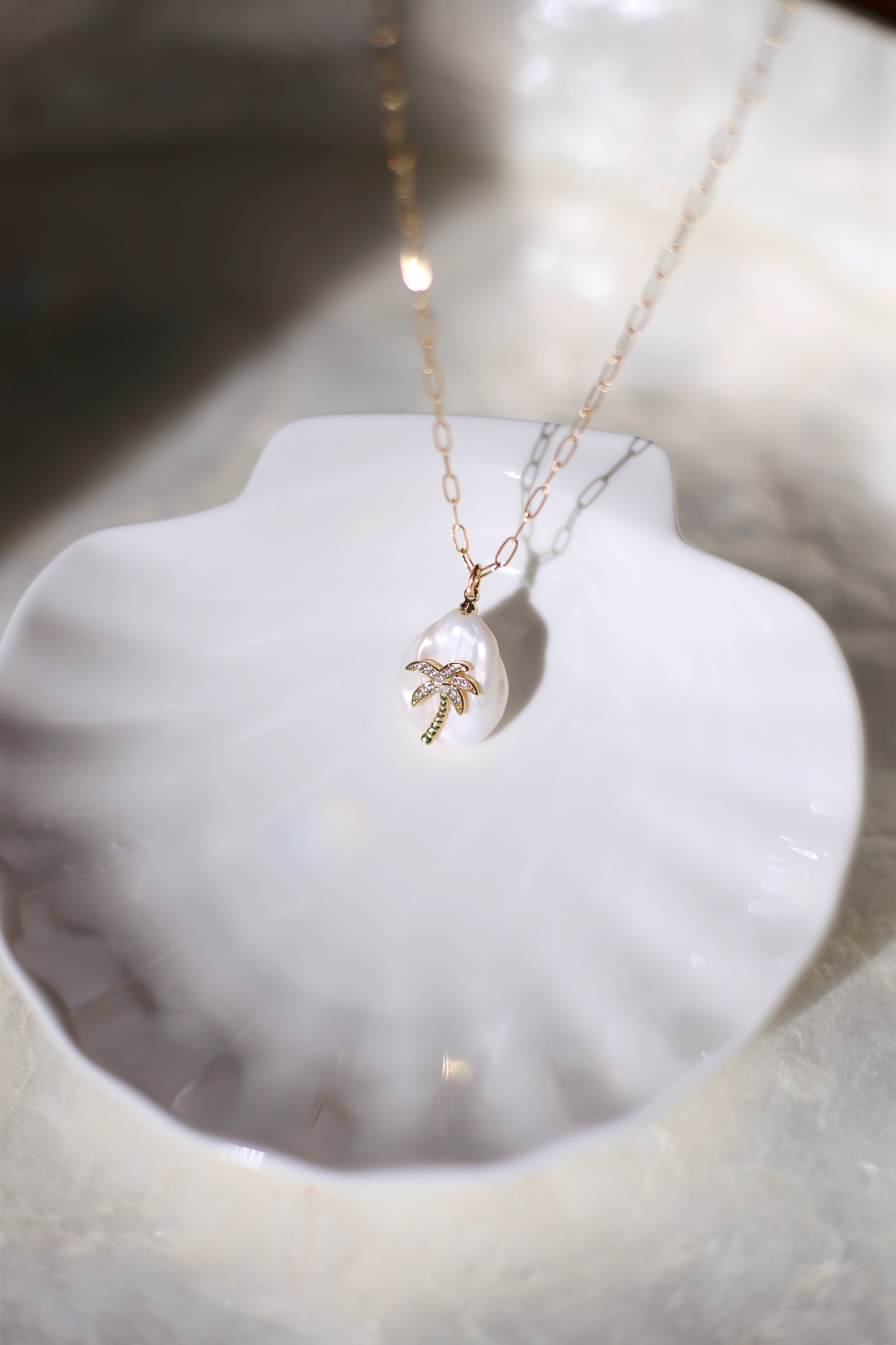 Bimini Freshwater Pearl with Gold Palm Tree Bokeh