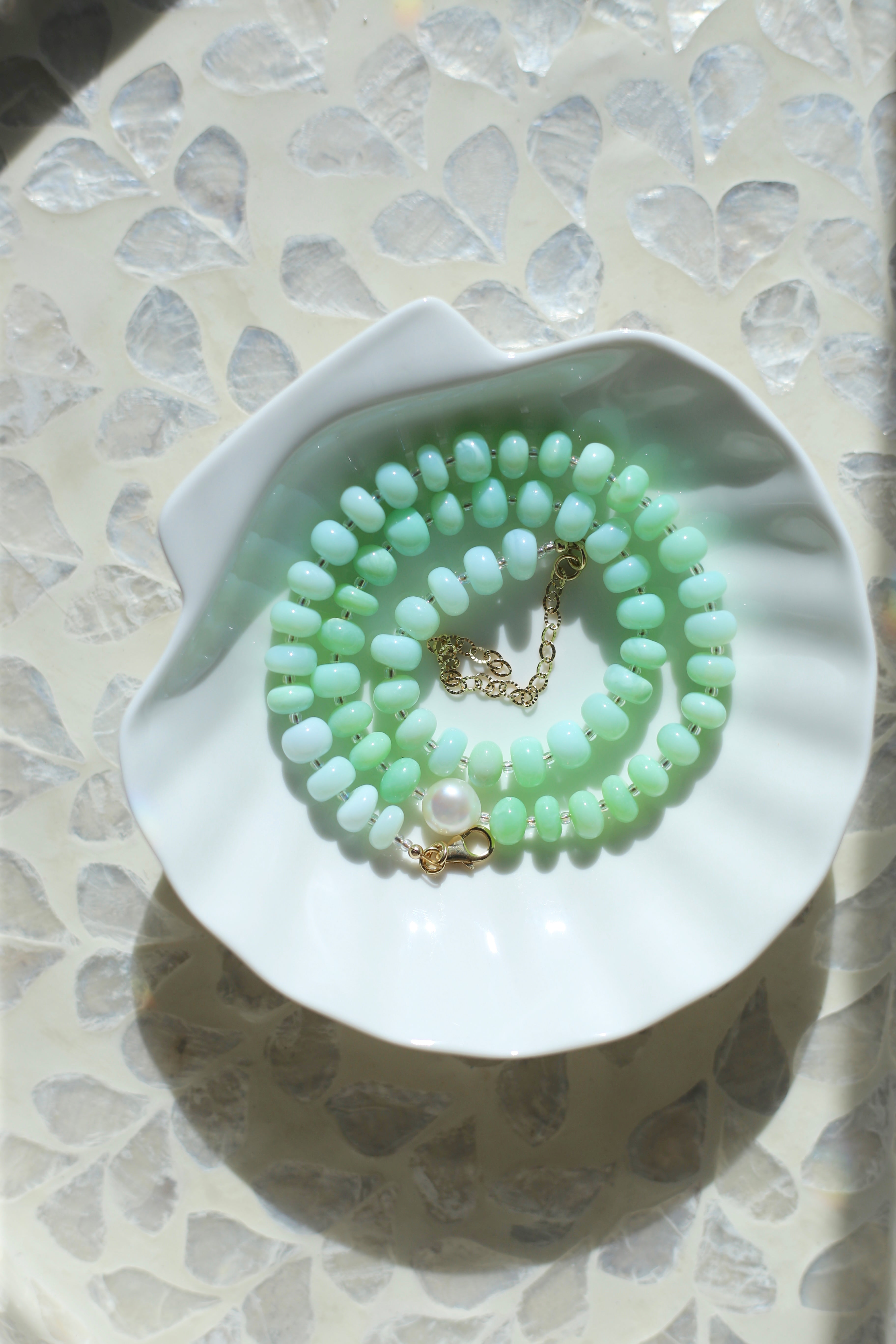 Catalina Green Hand Dyed Opals with AAA Freshwater Pearl Necklace Coiled