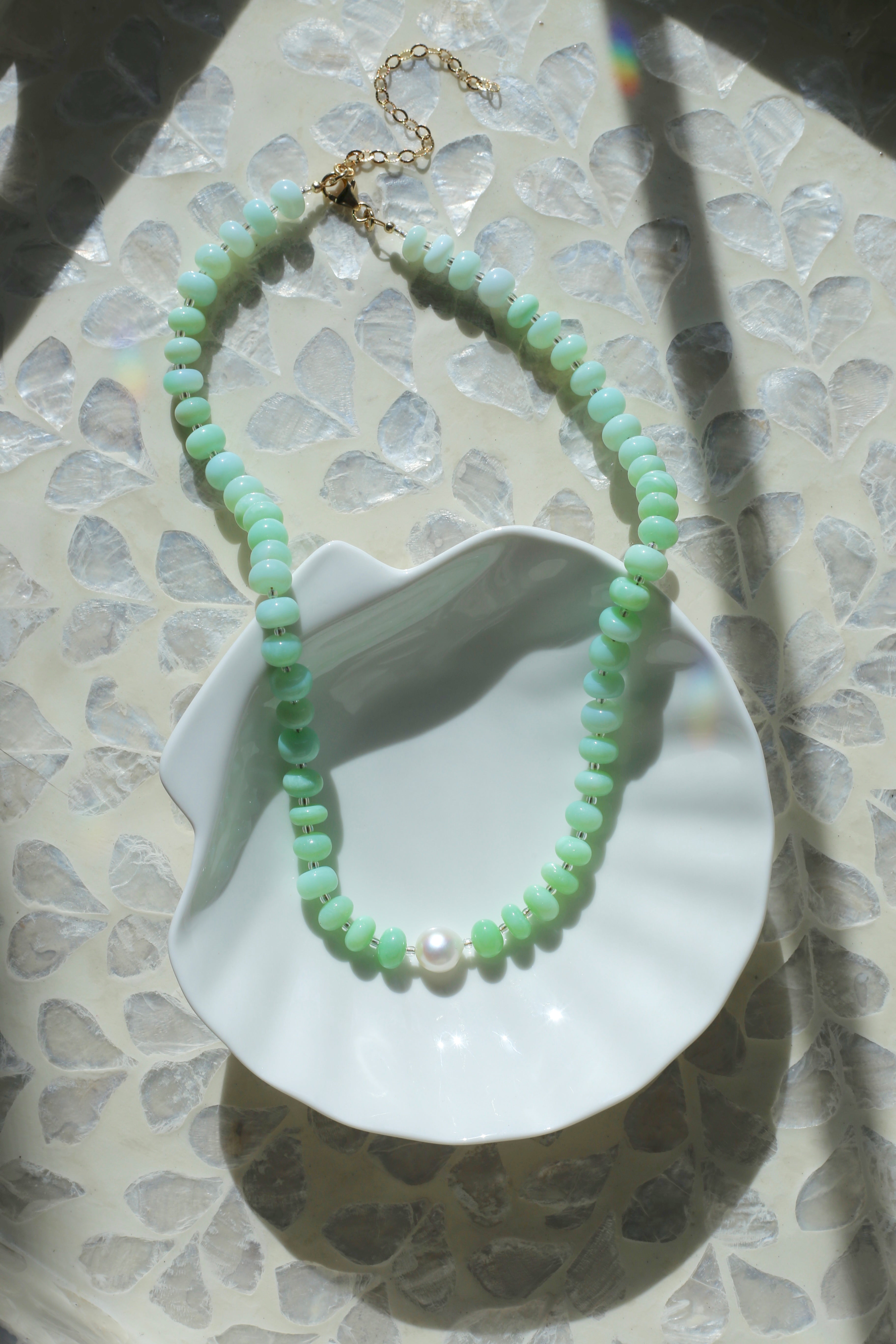 Catalina Green Hand Dyed Opals with AAA Freshwater Pearl Necklace Full