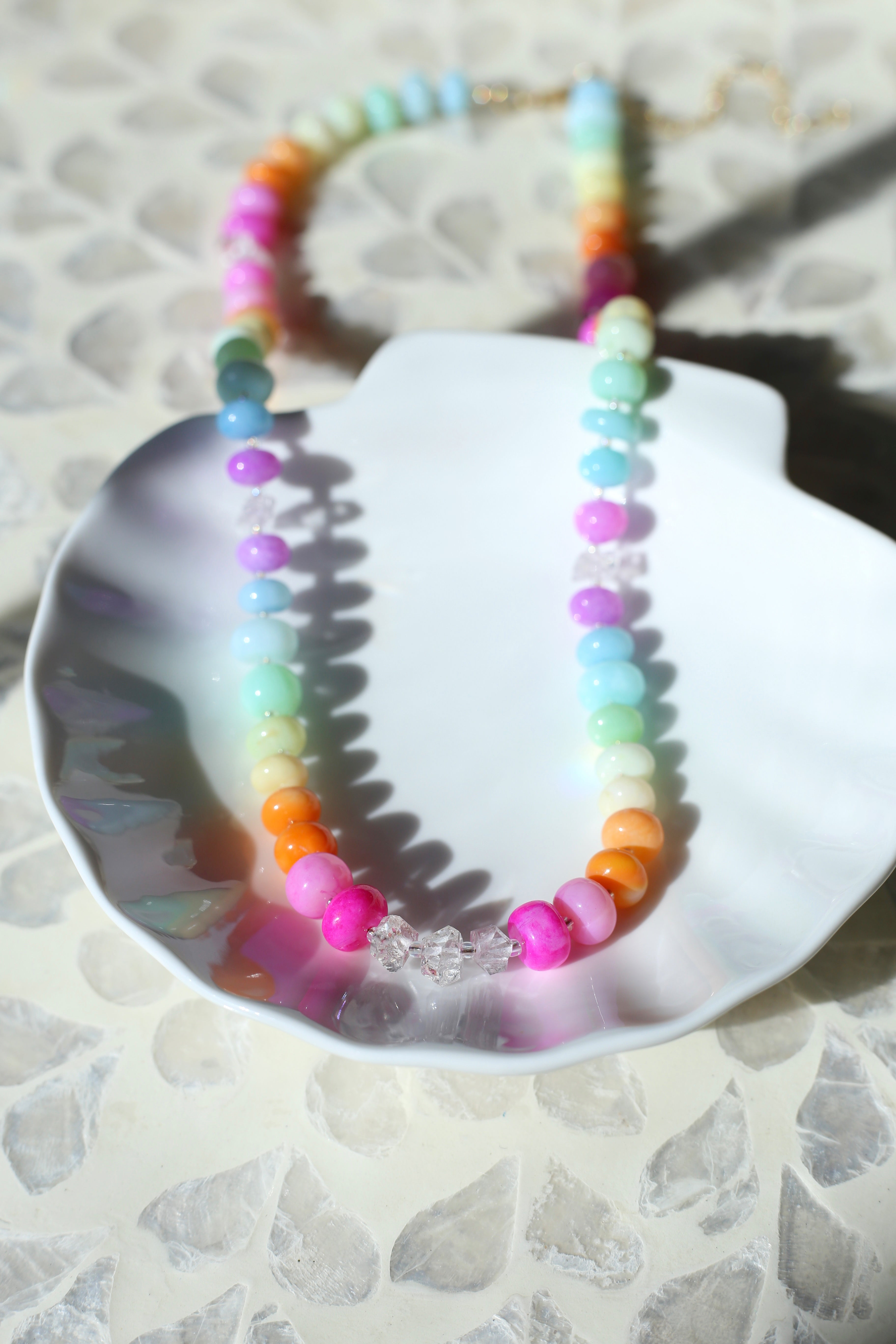 Evangeline Hand Dyed Opal Necklace Bokeh Up Close