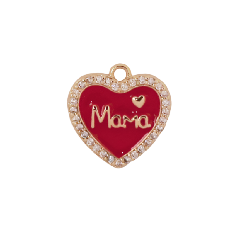 Gold CZ Red Enamel Mama Heart Charm