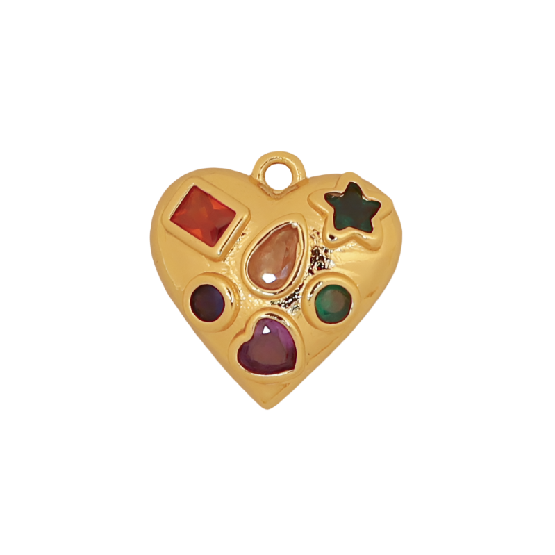 Gold Puffy Gemstone Heart Charm