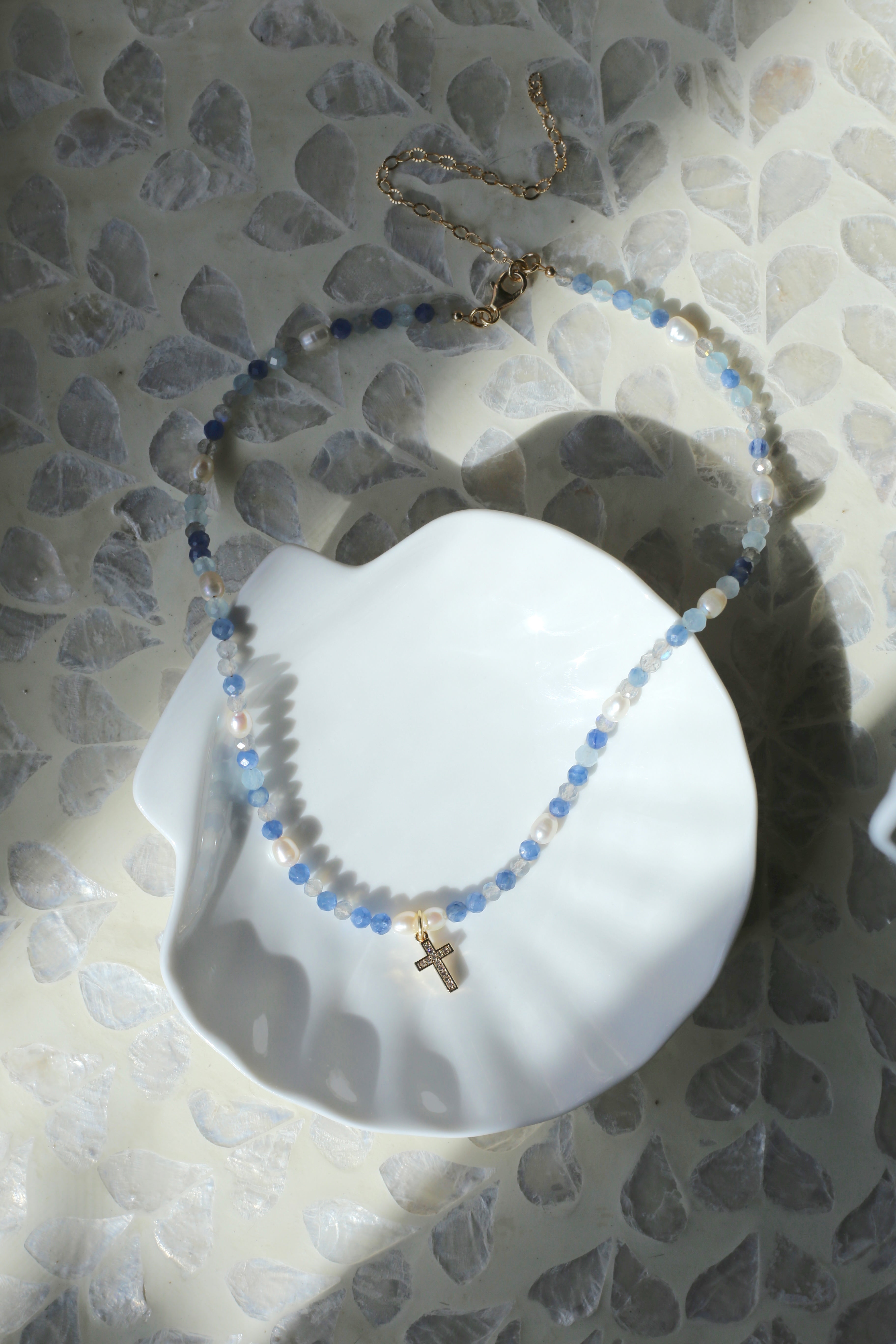 Grace Gemstone AAA Freshwater Pearl Gold Cross Necklace Full