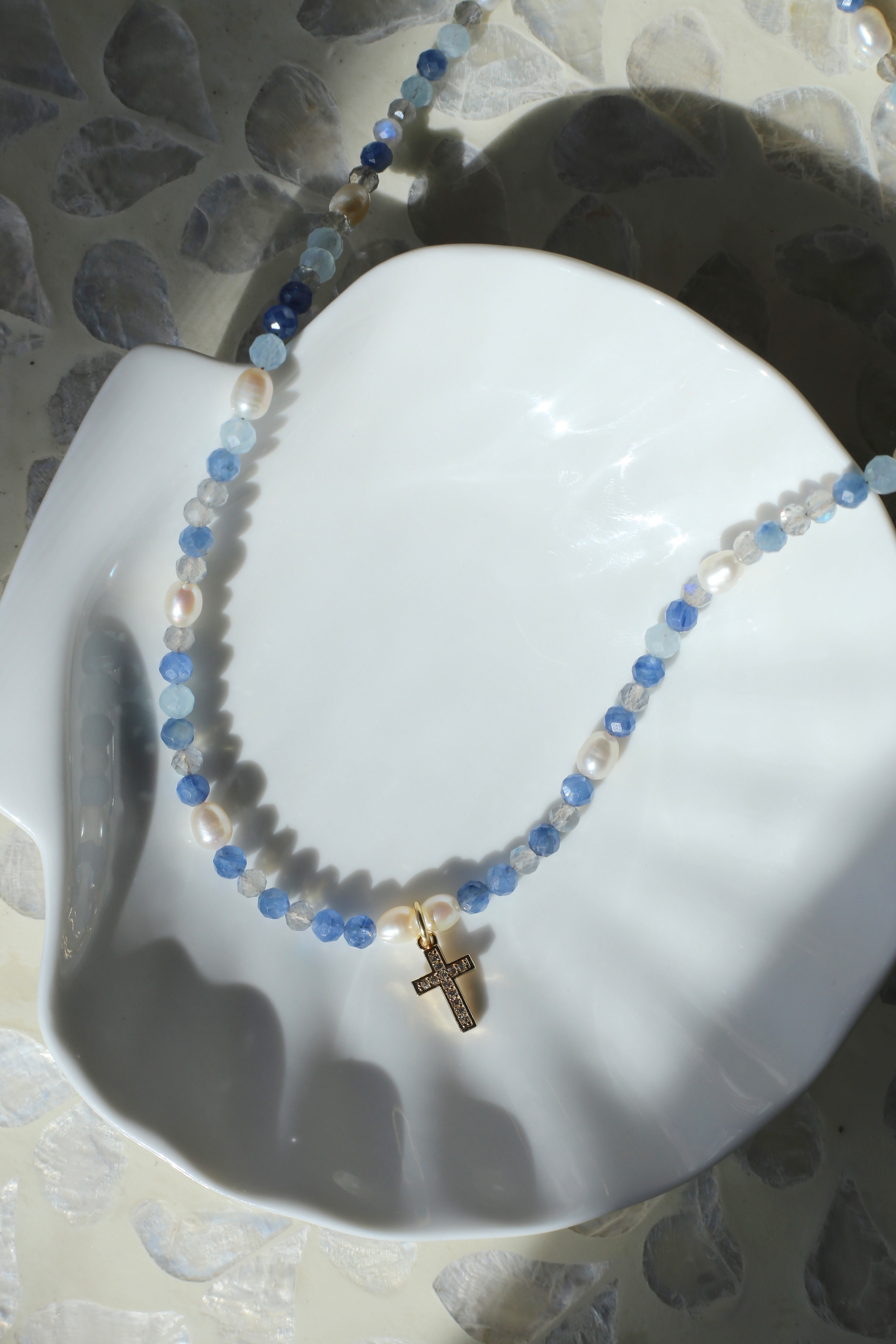 Grace Gemstone AAA Freshwater Pearl Gold Cross Necklace on Shell Tray