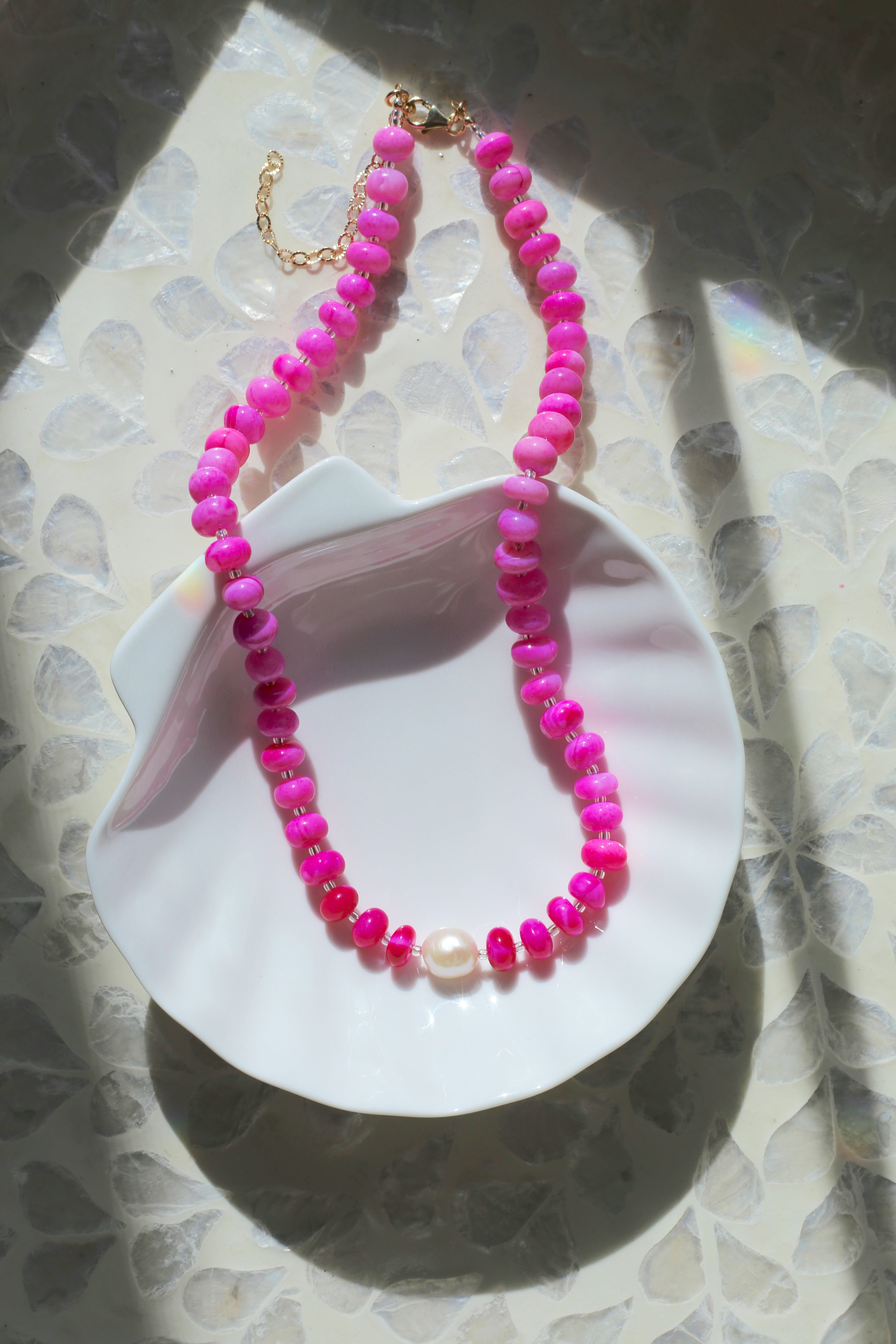Hibiscus Hot Pink Hand Dyed Opal with AAA Freshwater Pearl Necklace Full