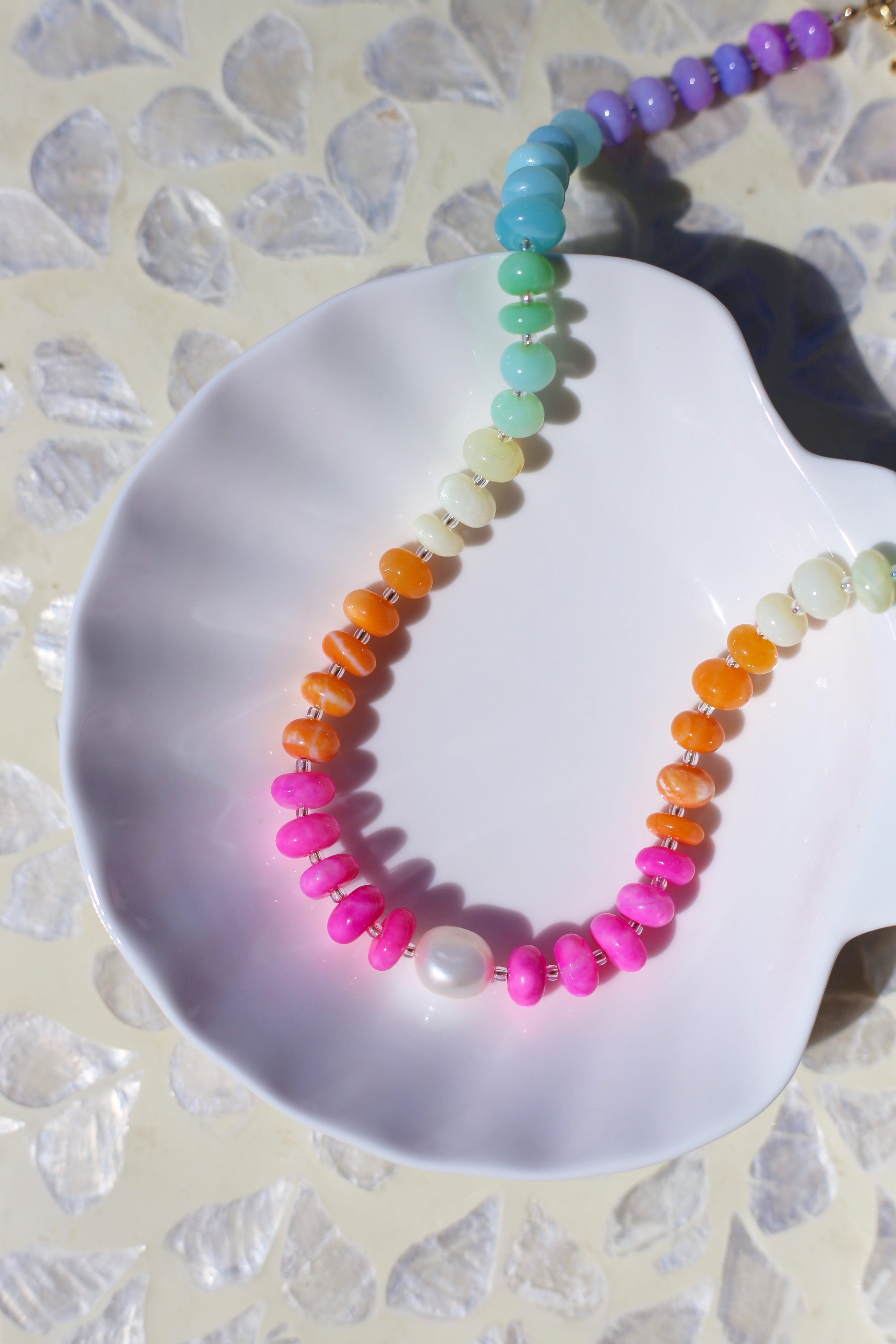 Iris Hand Dyed Opal with Freshwater Pearl Necklace On Shell Plate