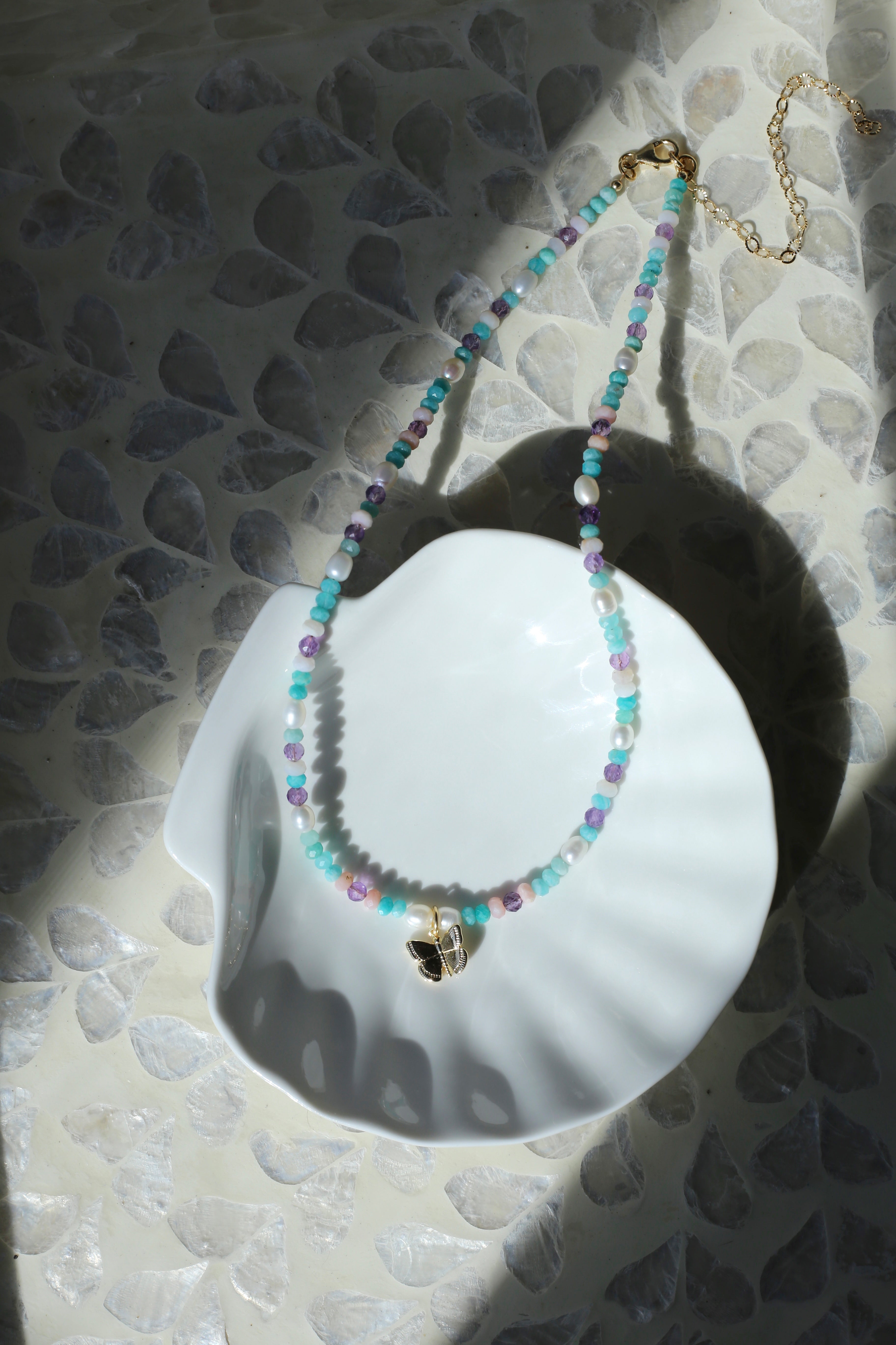 Liana AAA Freshwater Pearl Amazonite Opal Amethyst Butterfly Charm Necklace