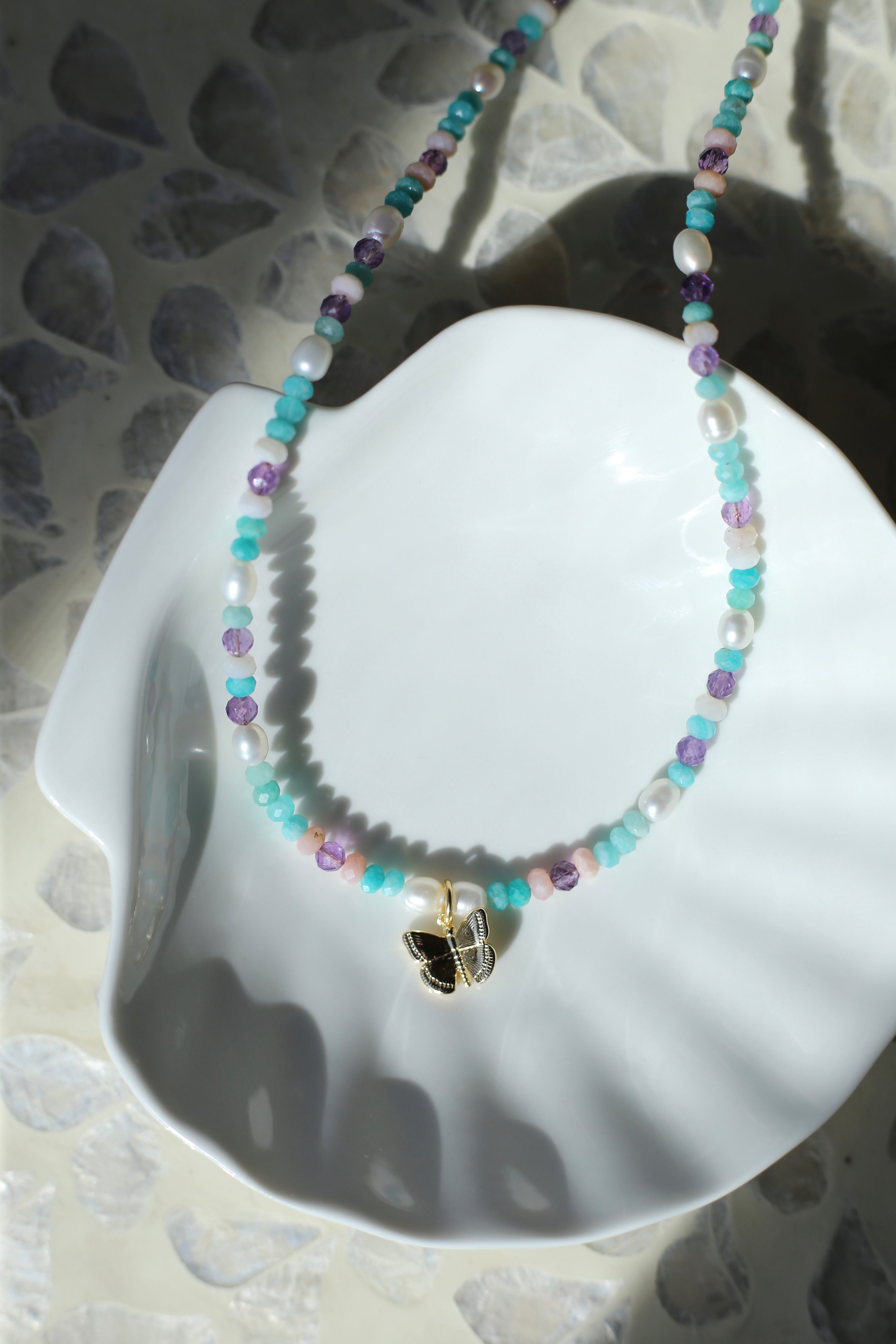 Liana AAA Freshwater Pearl Amazonite Opal Amethyst Butterfly Charm Necklace Up Close
