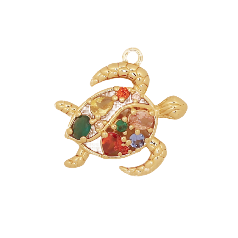 Multicolored CZ Gold Turtle Charm
