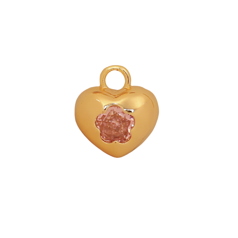 Pink CZ Gold Puffy Heart Charm