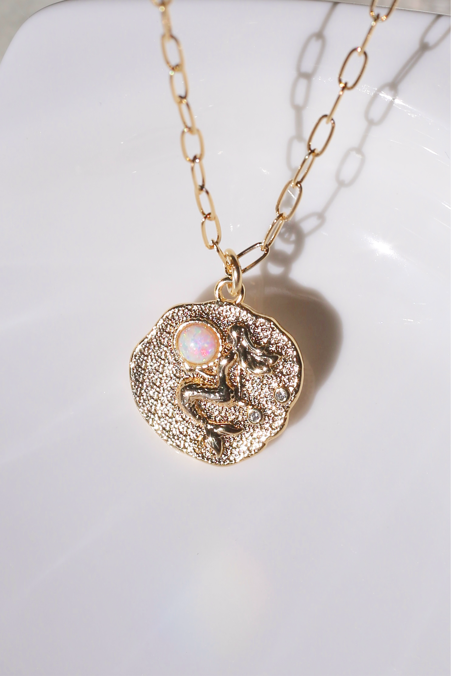 Sirena Gold with White Opal Charm Necklace Close Up