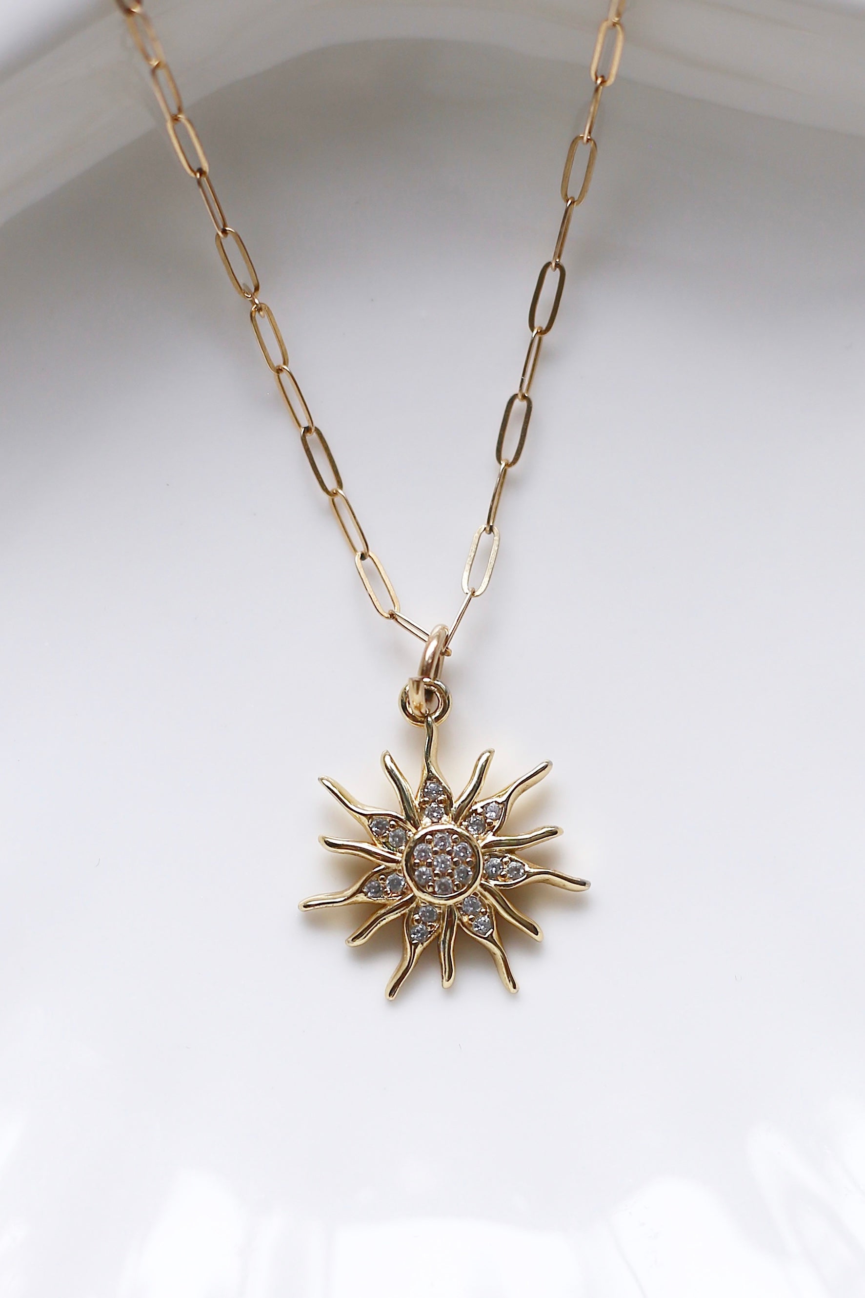 Sunburst CZ and Gold Charm Necklace Up Close