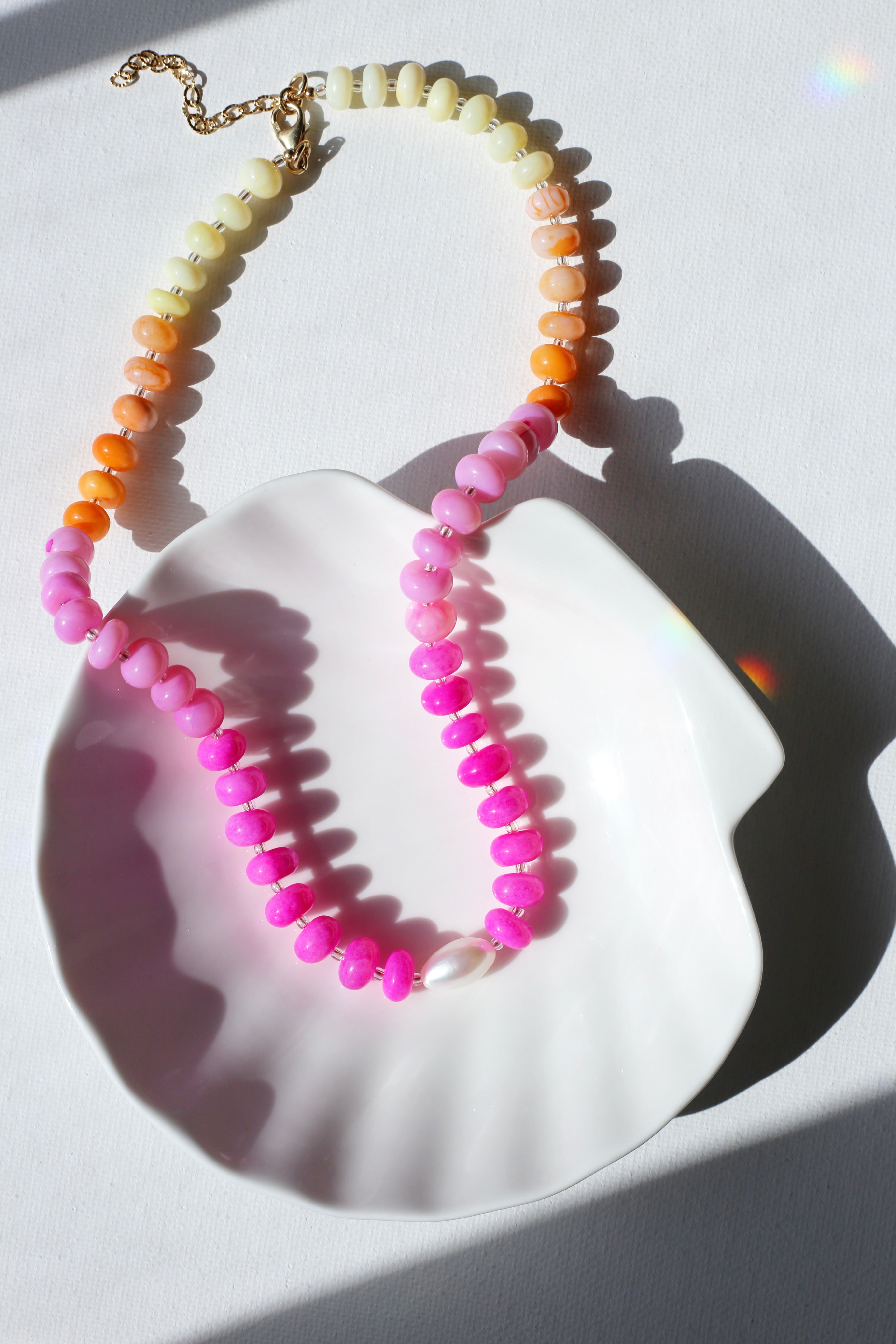 Sunset Lover Hot Pink Opal with AAA Freshwater Pearl Necklace Angled
