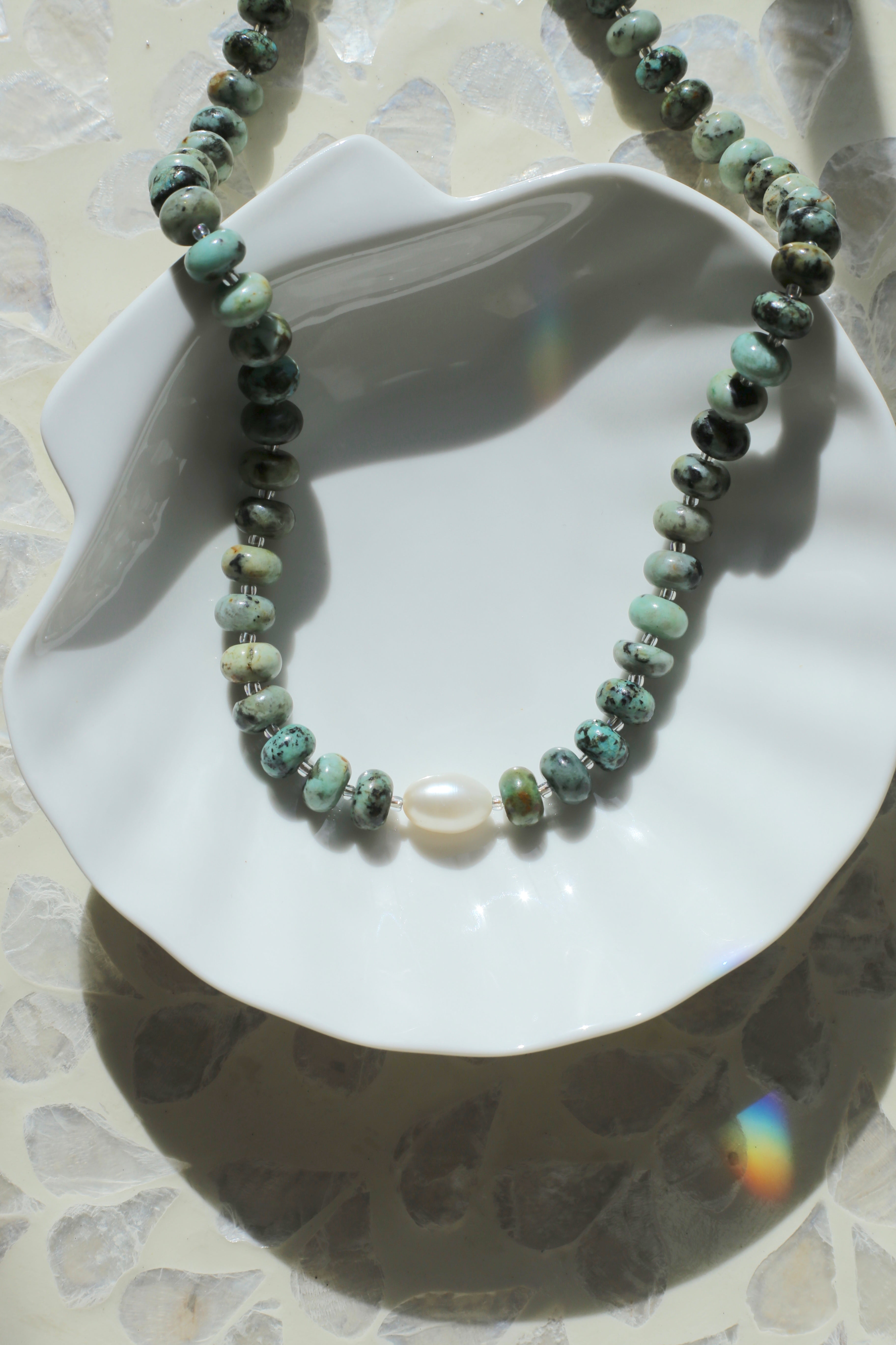 Tallulah African Turquoise AAA Freshwater Pearl Necklace Close Up