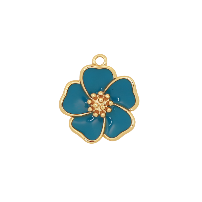 Teal Gold Hibiscus Enamel Flower Charm