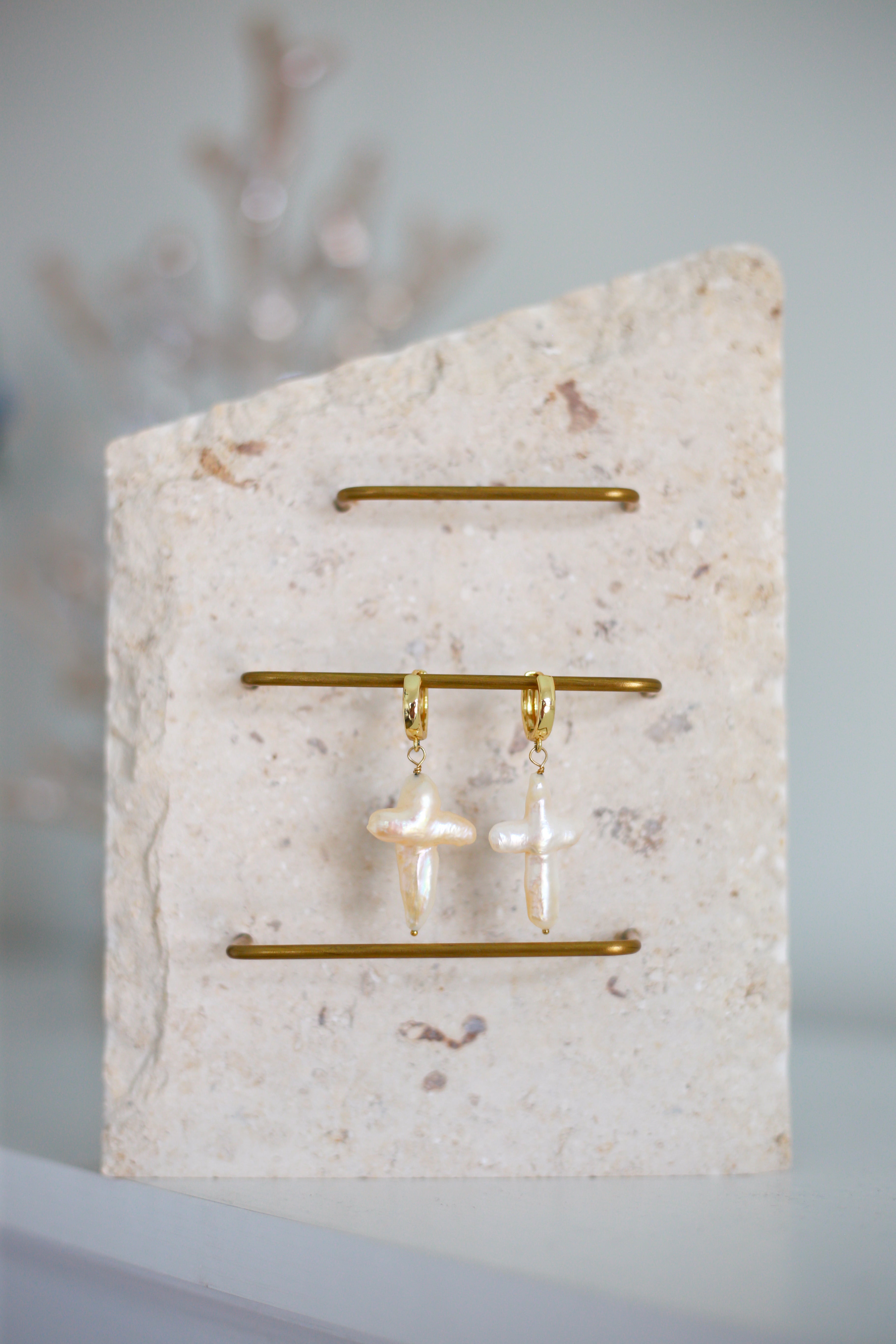 Pearl Cross Huggie Earrings