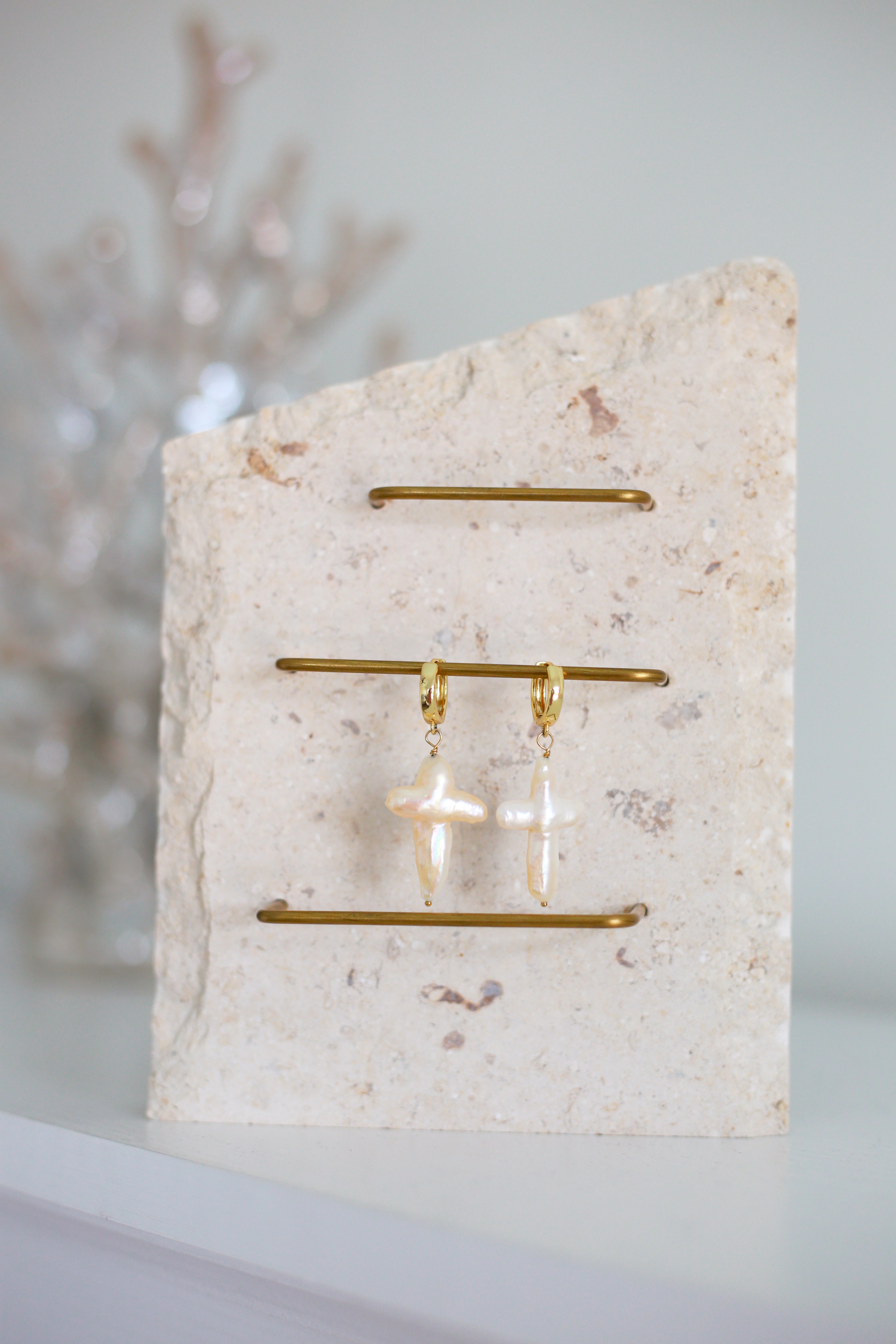 Pearl Cross Huggie Earrings