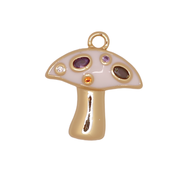 White Enamel CZ Gold Flat Mushroom Charm