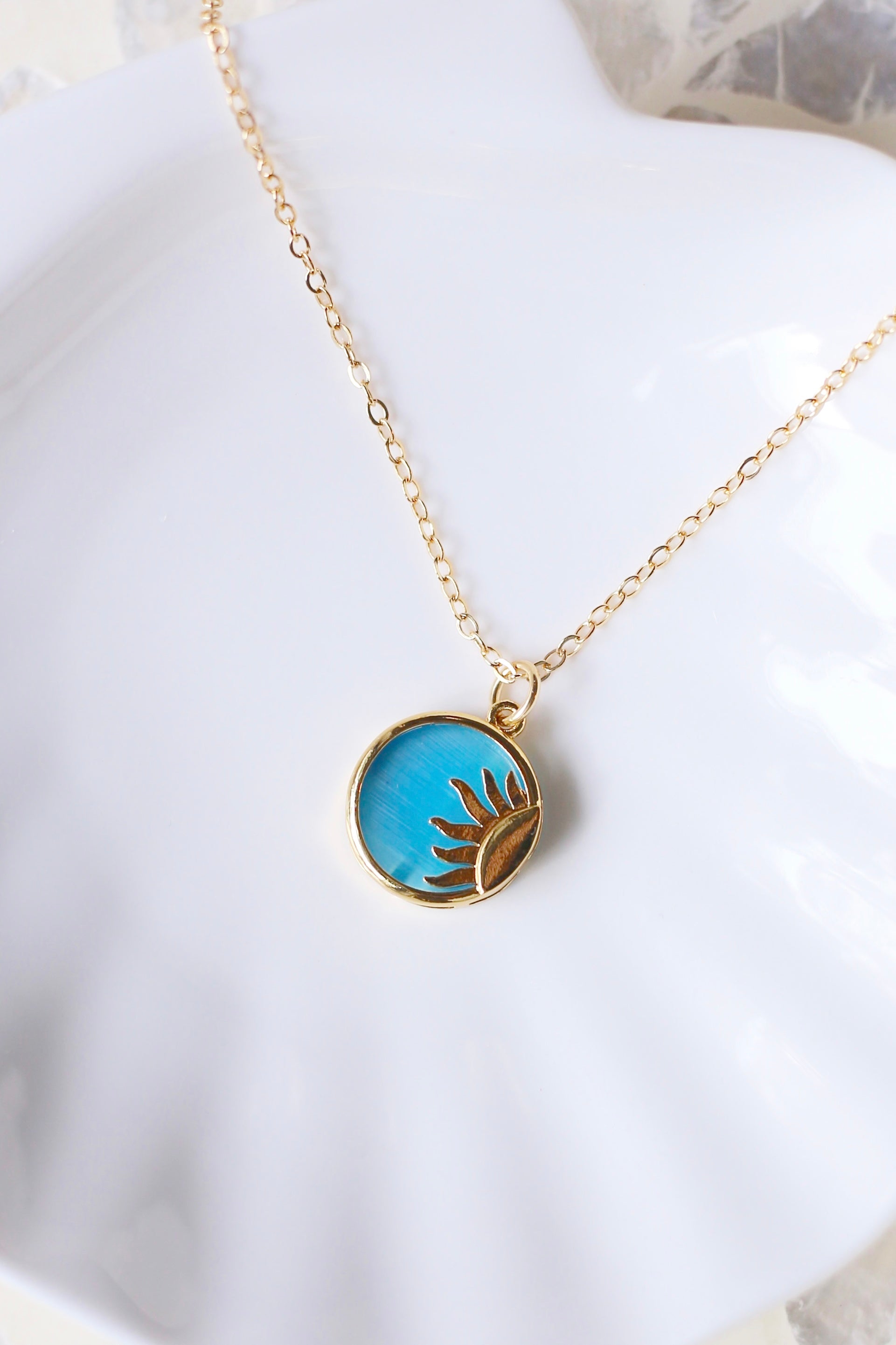 Blue Soleil Gold Cham Necklace Up Close
