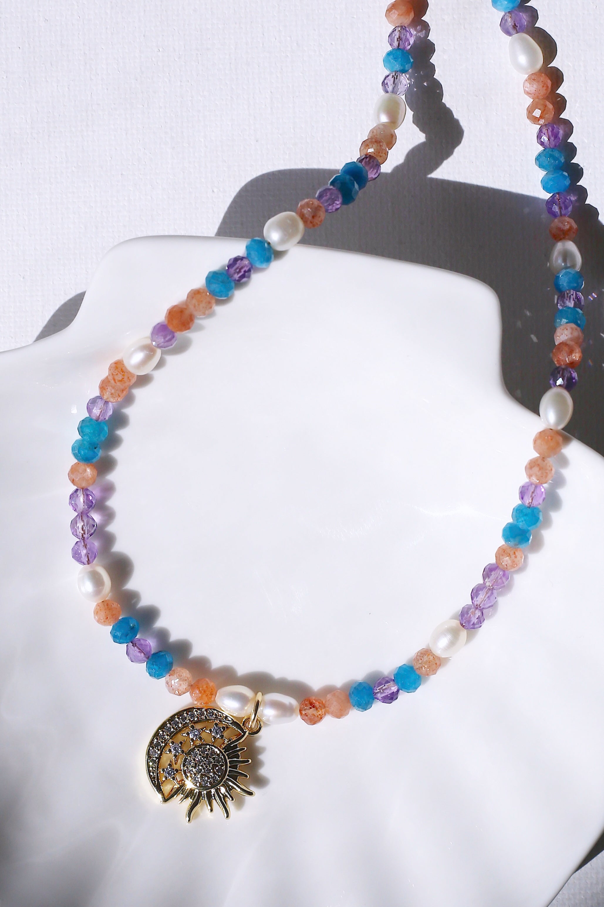 Boho Gemstone AAA Freshwater Pearl Sun and Moon Charm Necklace