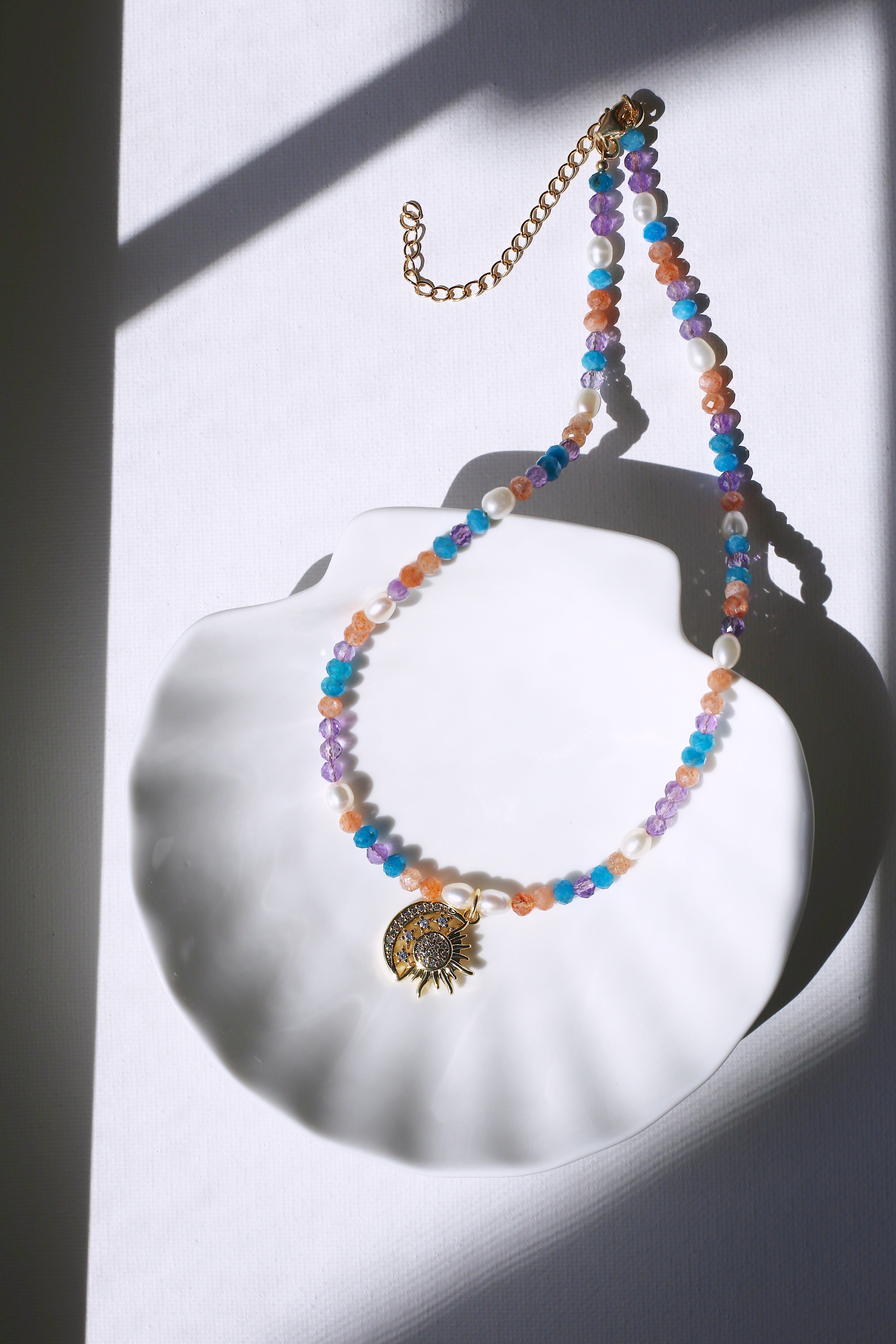 Boho Gemstone AAA Freshwater Pearl Sun and Moon Charm Necklace Full
