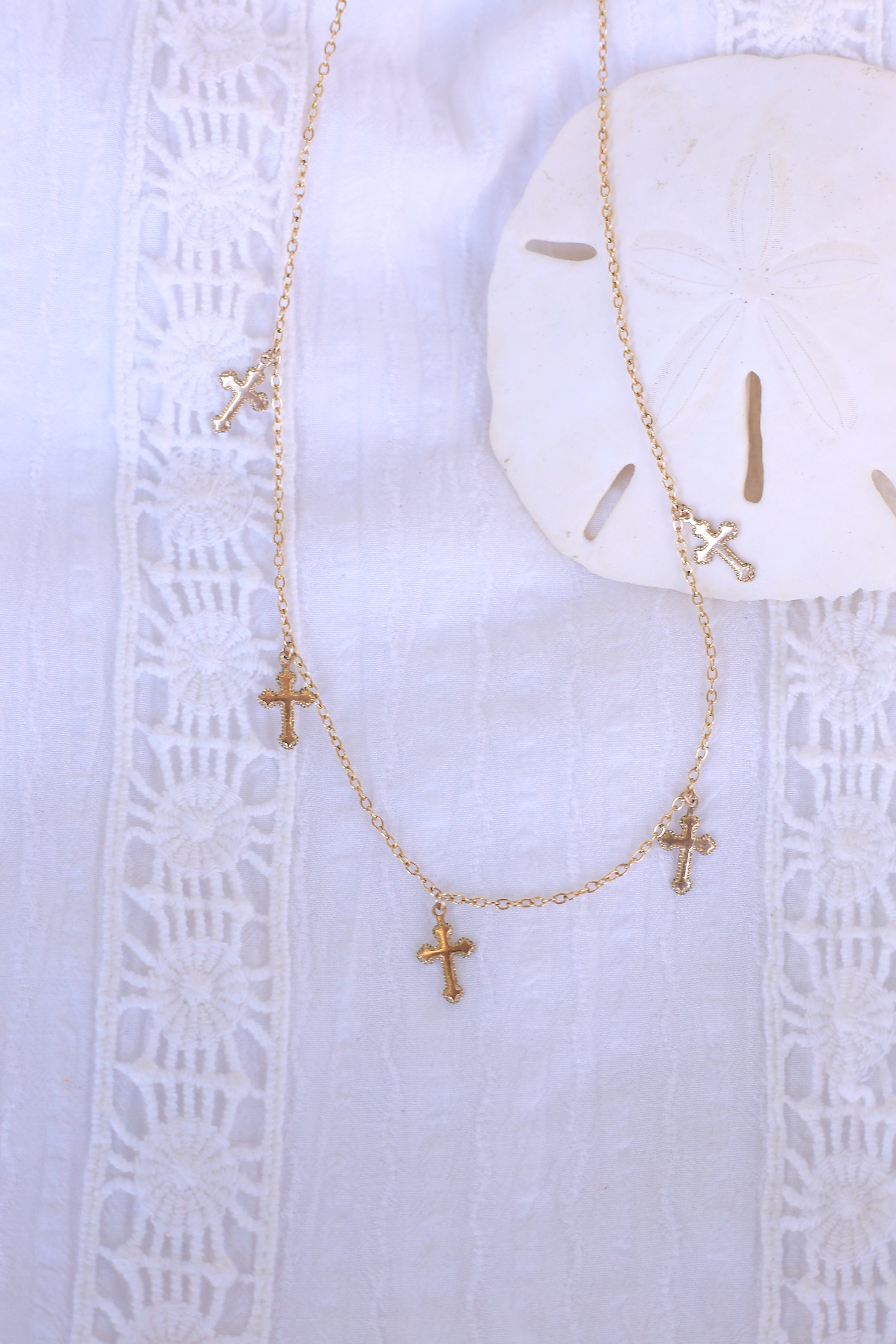 Faith 5 Gold Filled Crosses on Gold Chain Necklace Flat Lay