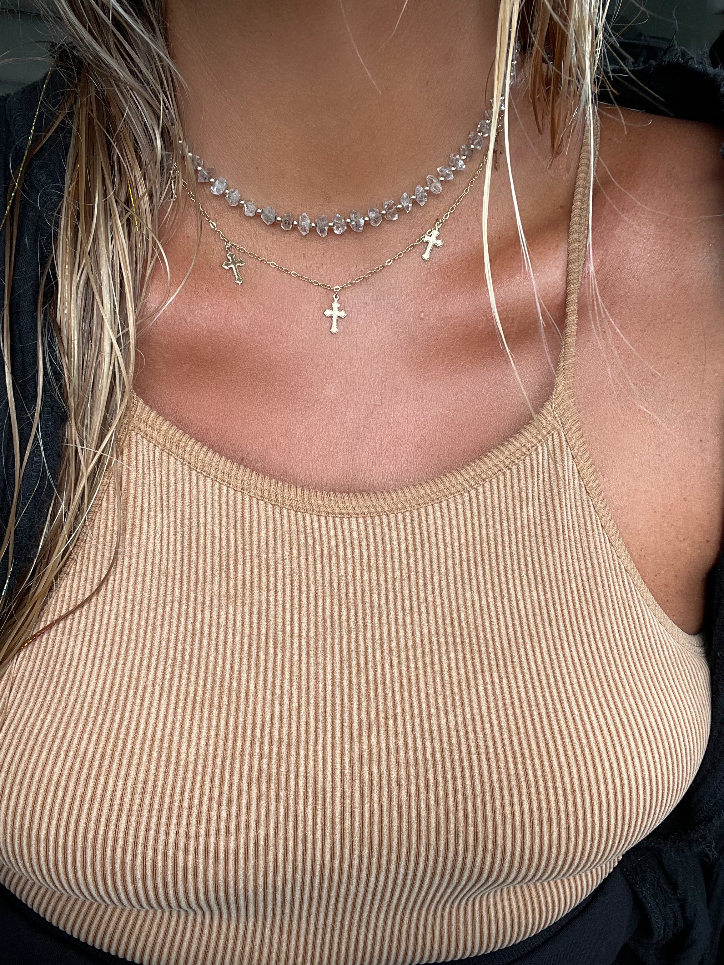 Faith 5 Gold Filled Crosses on Gold Chain Necklace On Neck
