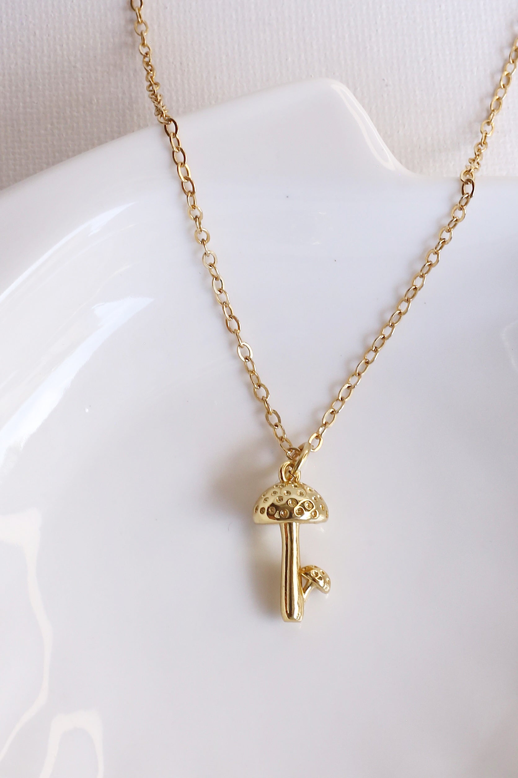 Gold Mushroom Charm Necklace Up Close