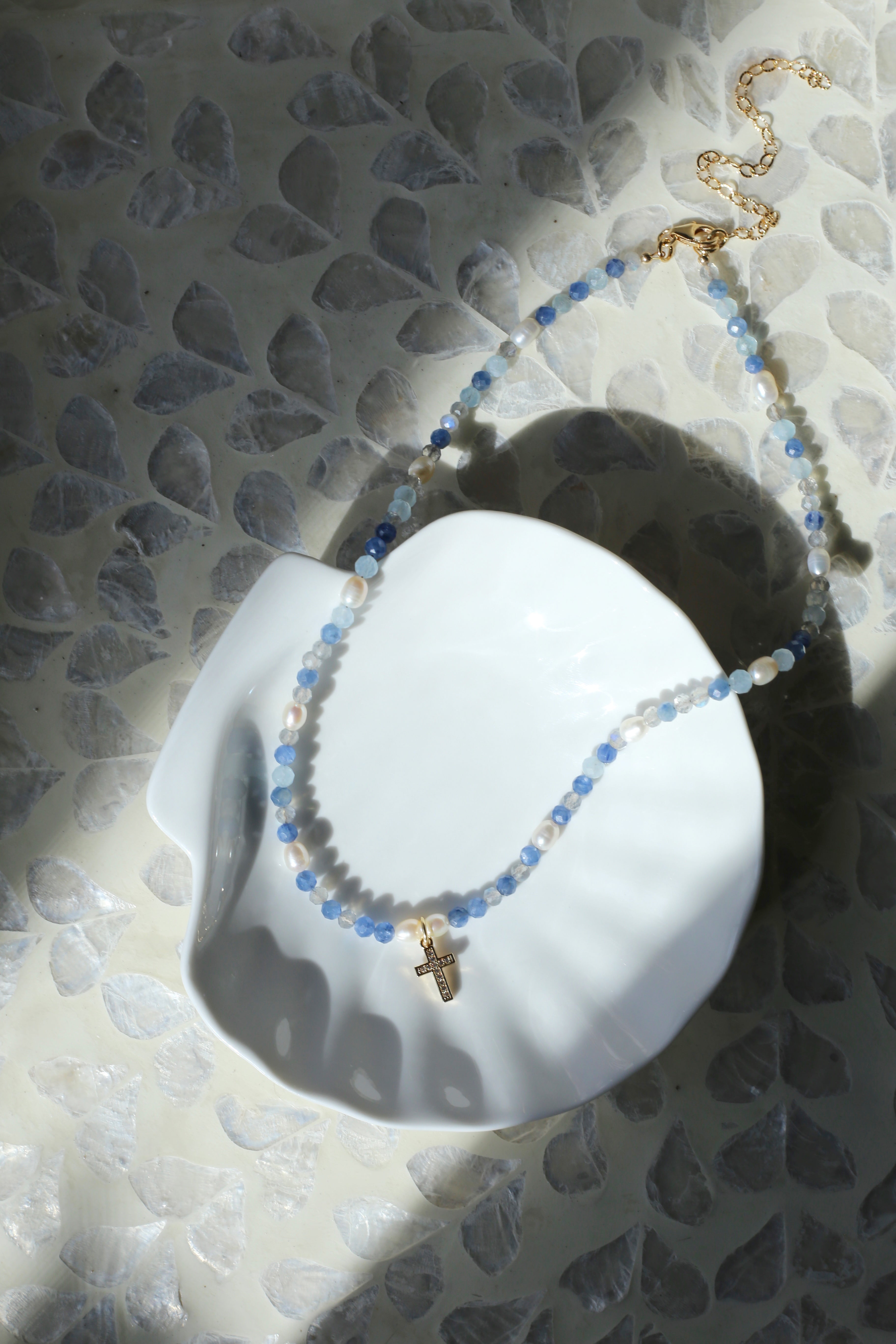 Grace Gemstone AAA Freshwater Pearl Gold Cross Necklace