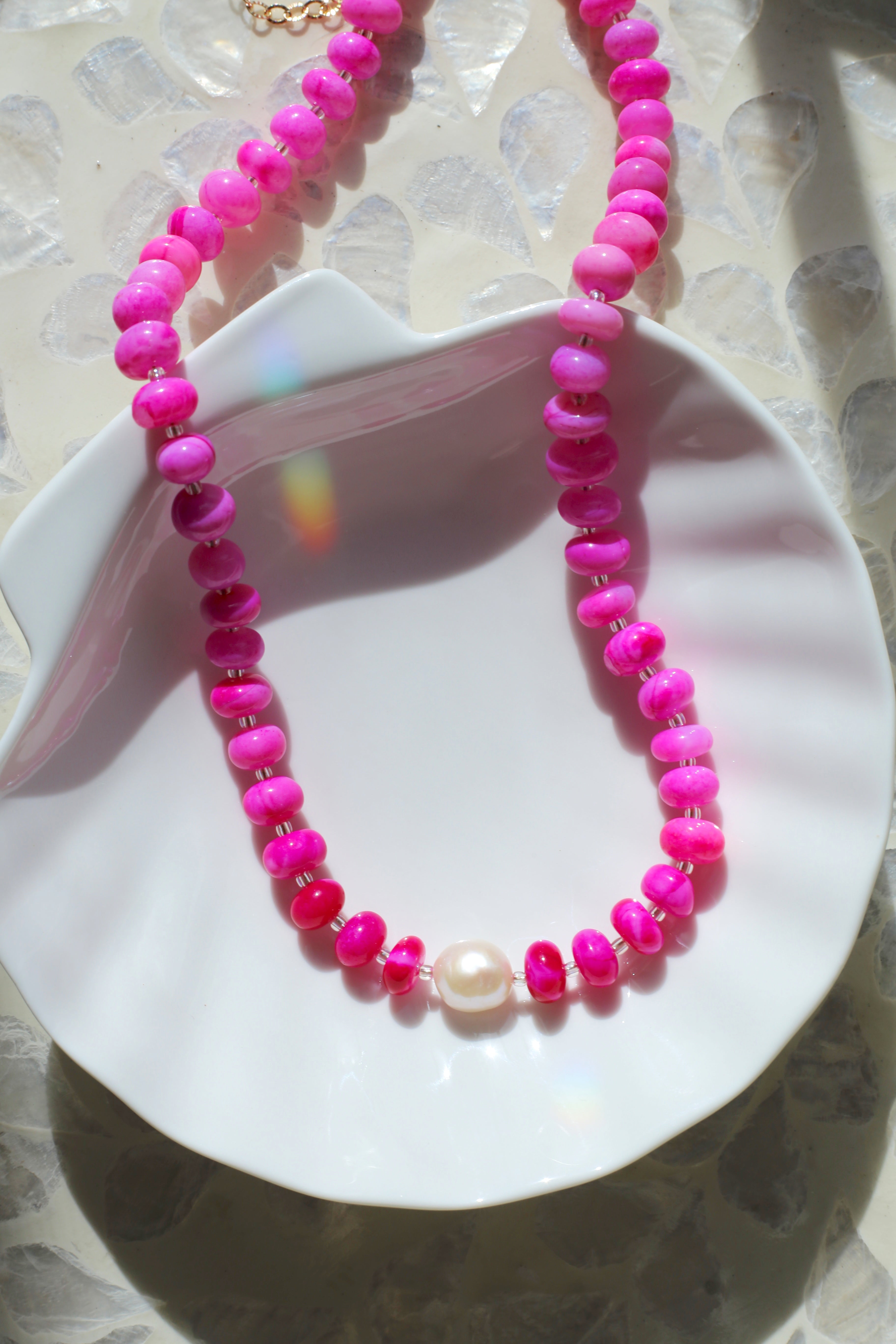 Hibiscus Hot Pink Hand Dyed Opal with AAA Freshwater Pearl Necklace on Shell Plate