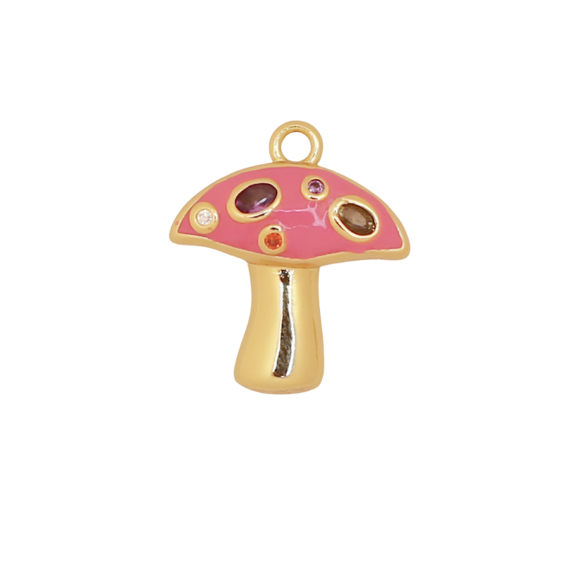 Pink Enamel CZ Gold Flat Mushroom Charm