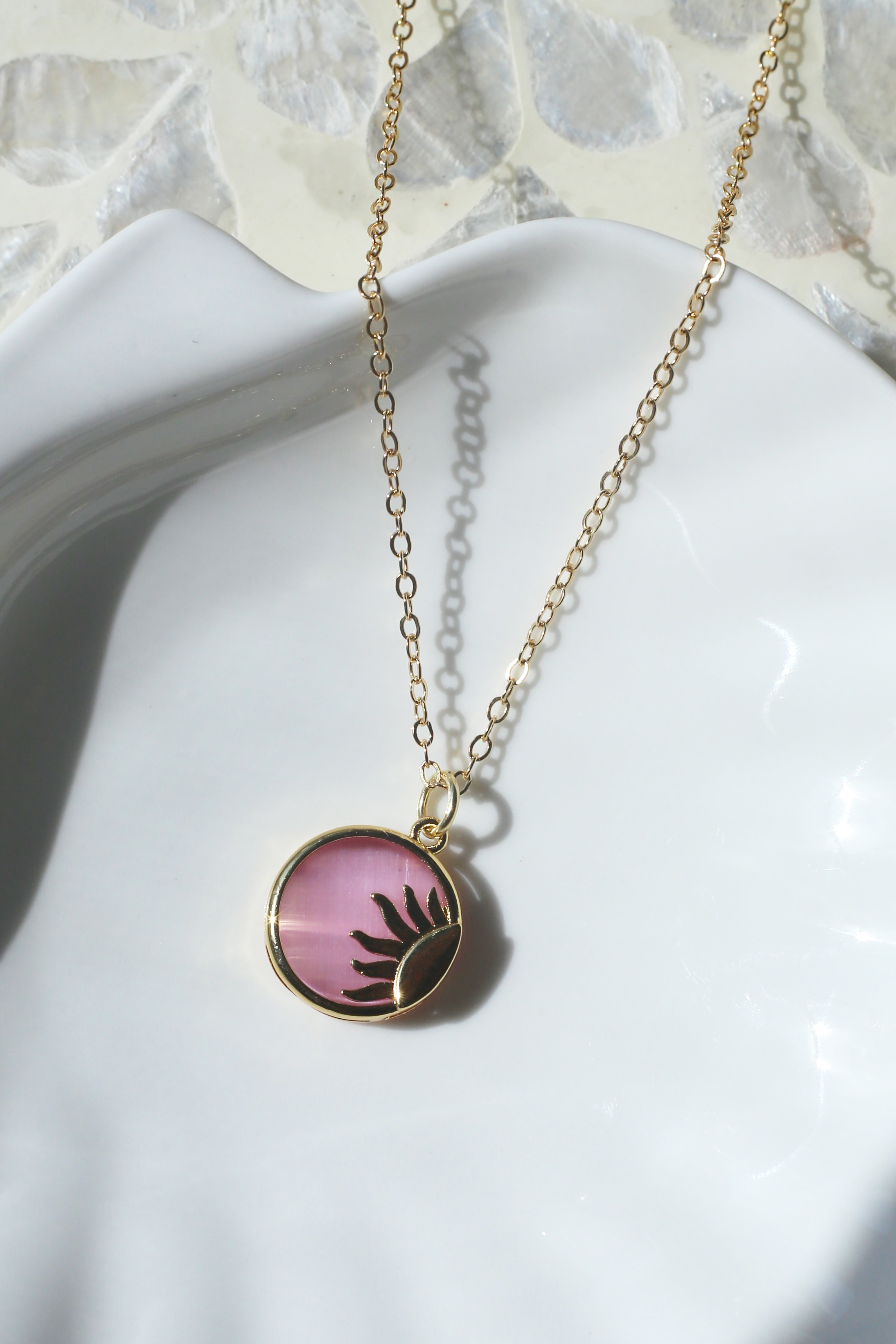 Pink Soleil Gold Charm Necklace Up Close