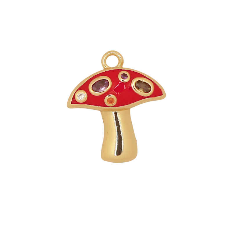Red Enamel CZ Gold Flat Mushroom Charm