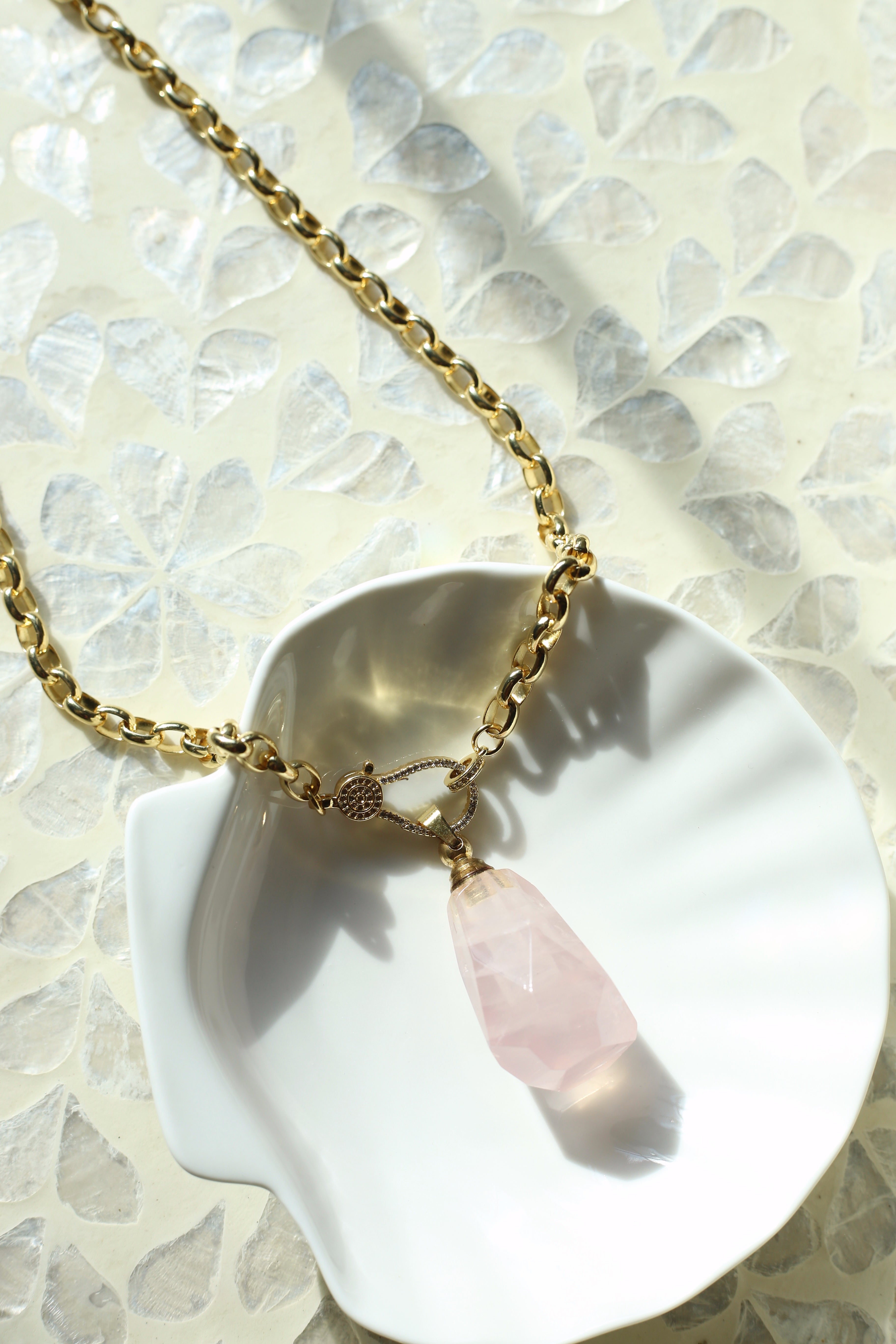 Rose Quartz Gemstone Charm Necklace Up Close