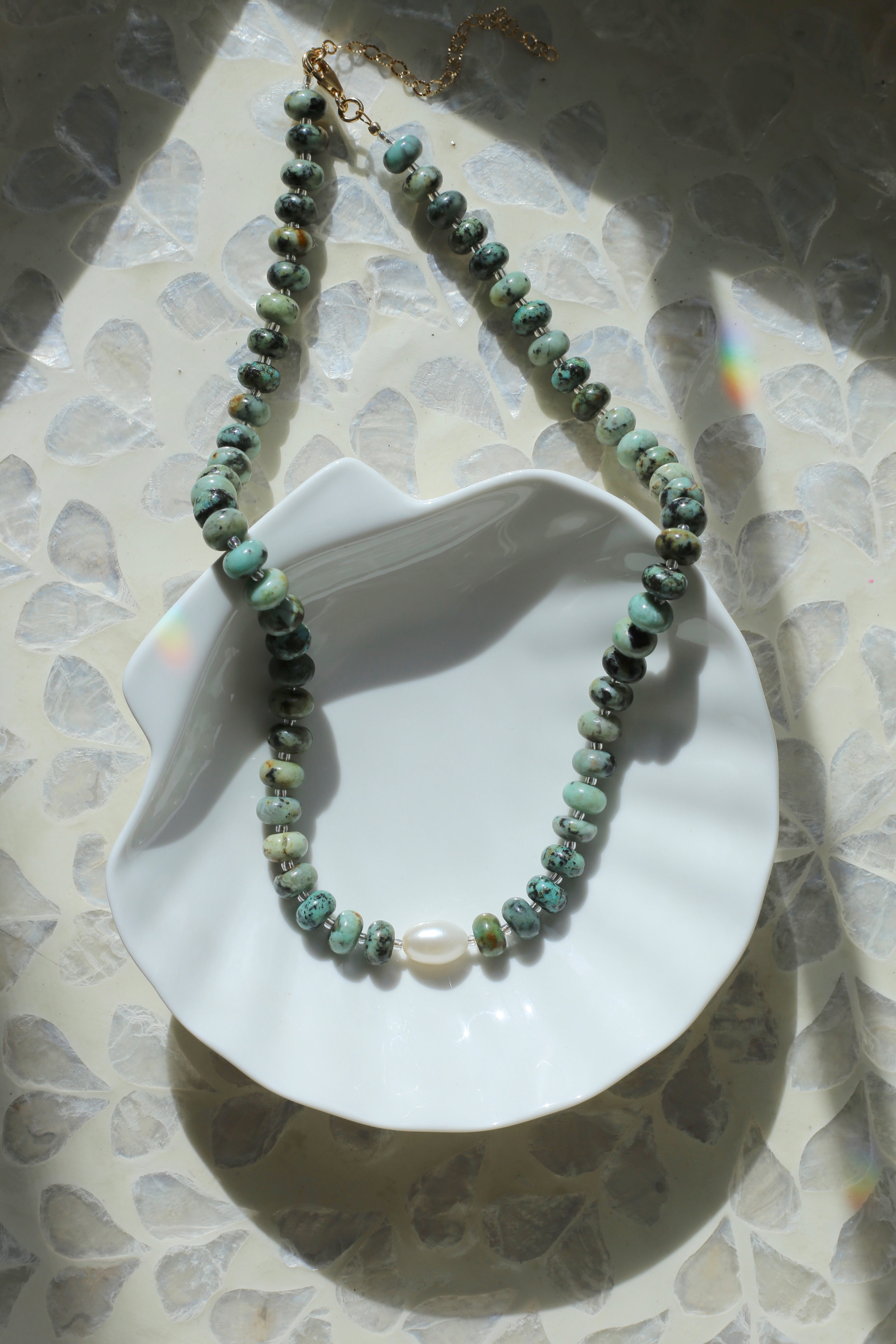 Tallulah African Turquoise AAA Freshwater Pearl Necklace On Shell Plate