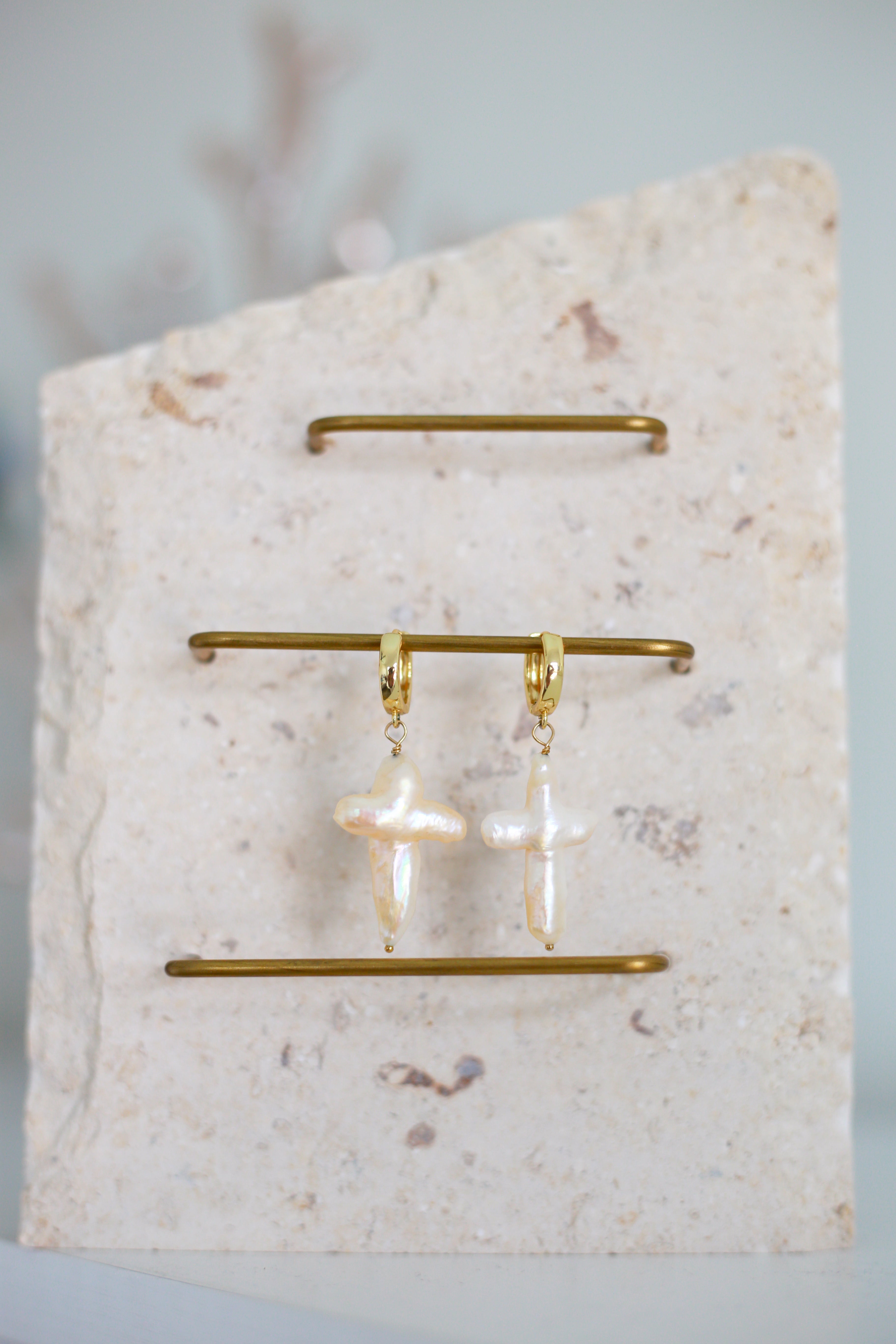 Pearl Cross Huggie Earrings